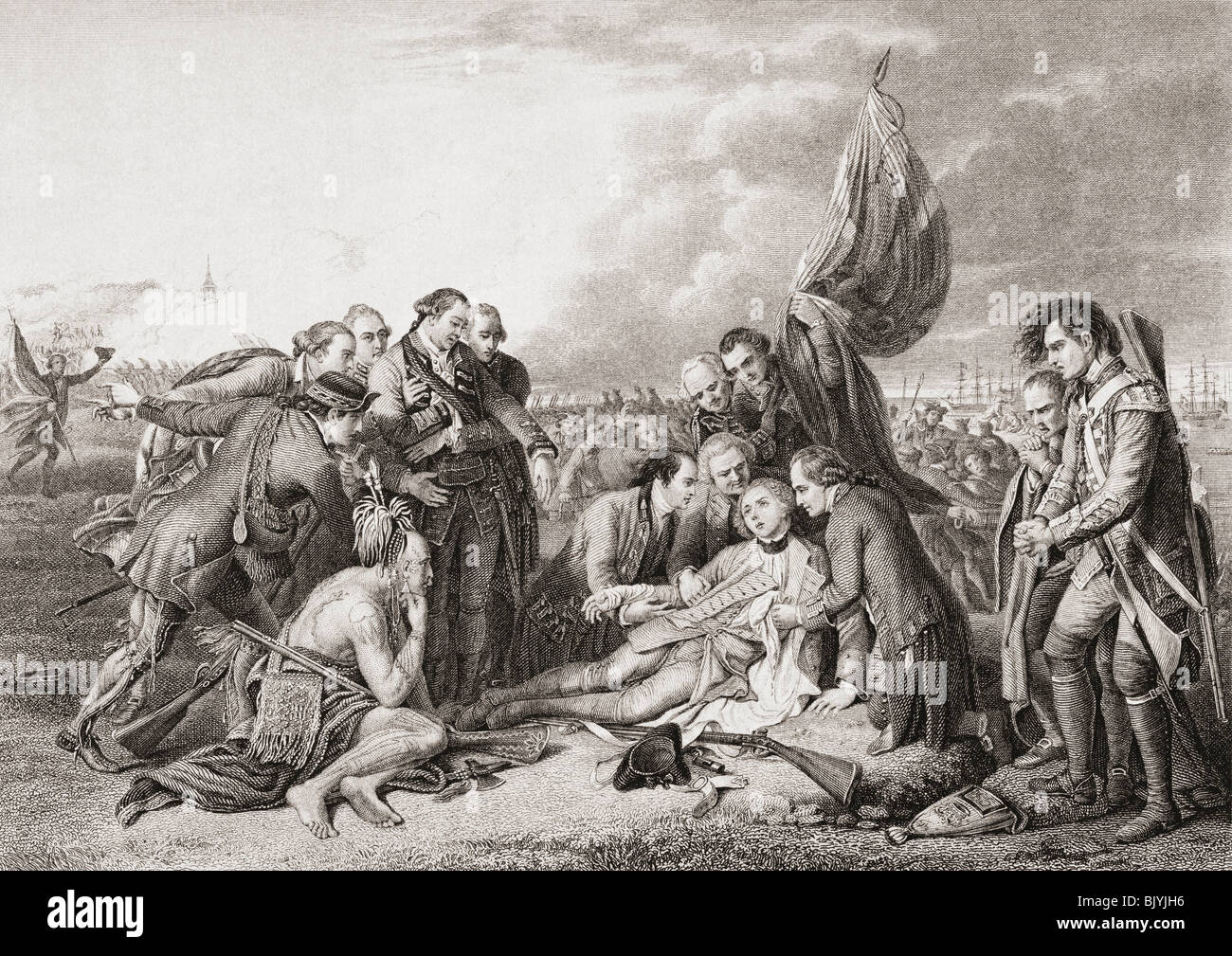 La morte del generale Wolfe sulle alture di Abraham, Quebec, Canada 1759. James Wolfe, 1727 – 1759. Ufficiale dell'esercito britannico Foto Stock