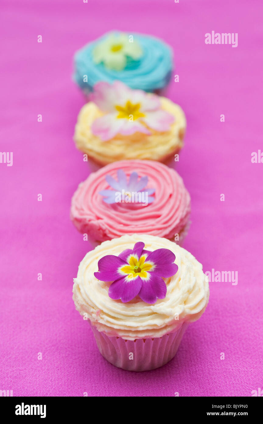 Tortini di colorati e commestibile fiori di primavera Foto Stock