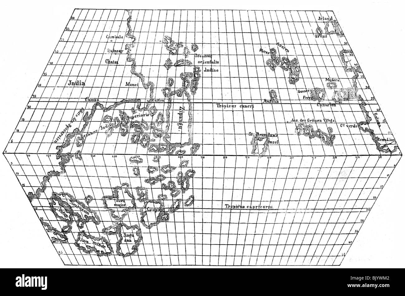 Cartografia, mappe del mondo, planisfero di Paolo dal Pozzo Toscanelli, dettaglio: Oceano Indiano (Atlantico) tra Africa occidentale e Asia orientale, Firenze, 1457, Foto Stock