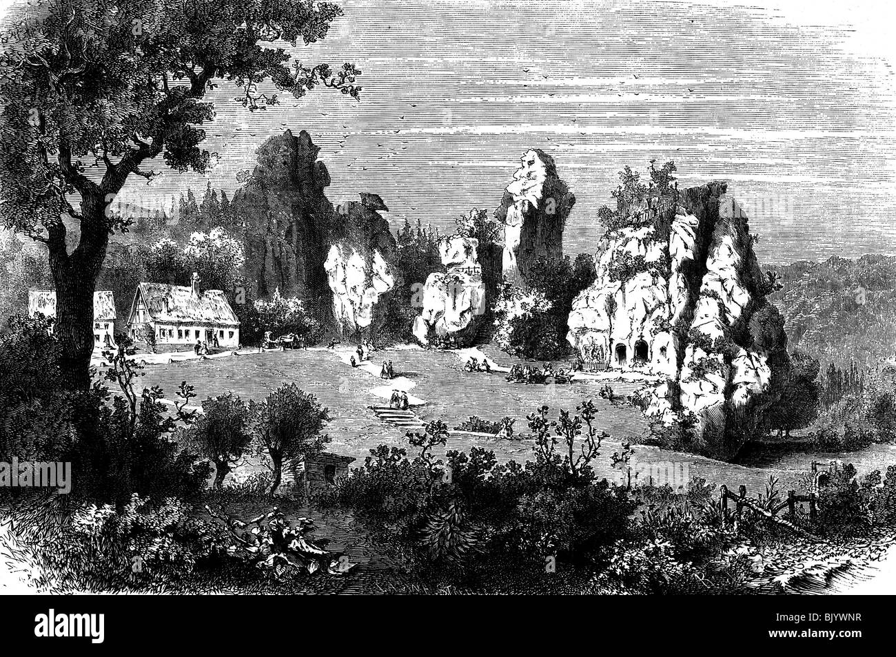 Geografia / viaggio, Germania, Foresta di Teutoburg, Externsteine, luogo di culto germanico, luogo di pellegrinaggio cristiano, incisione del legno, Gartenlaube, 1862, Foto Stock