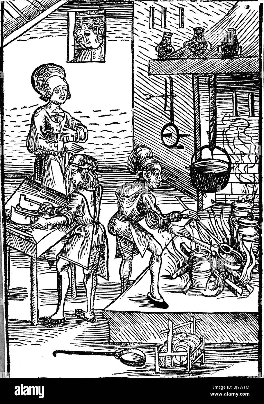 Gastronomia, cucina, casalinga con cuochi durante il lavoro, legno tagliato a 'Kuechenmeisterei' da Peter Wagner, Norimberga, 1486, legno, Strasburgo, 1516, Foto Stock