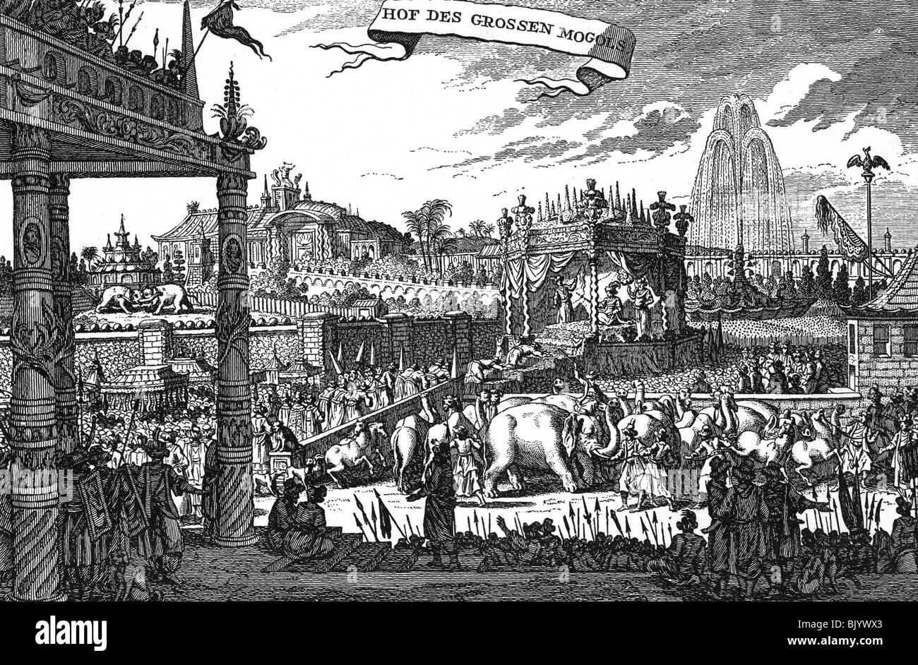 Geografia / viaggio, India, castelli, 'Am Hof des Grossmogul' (alla corte del grande imperatore Mughal), incisione di rame in 'Asia' di Olfert Dapper, Amsterdam, 1672, edizione tedesca, 1681, Foto Stock