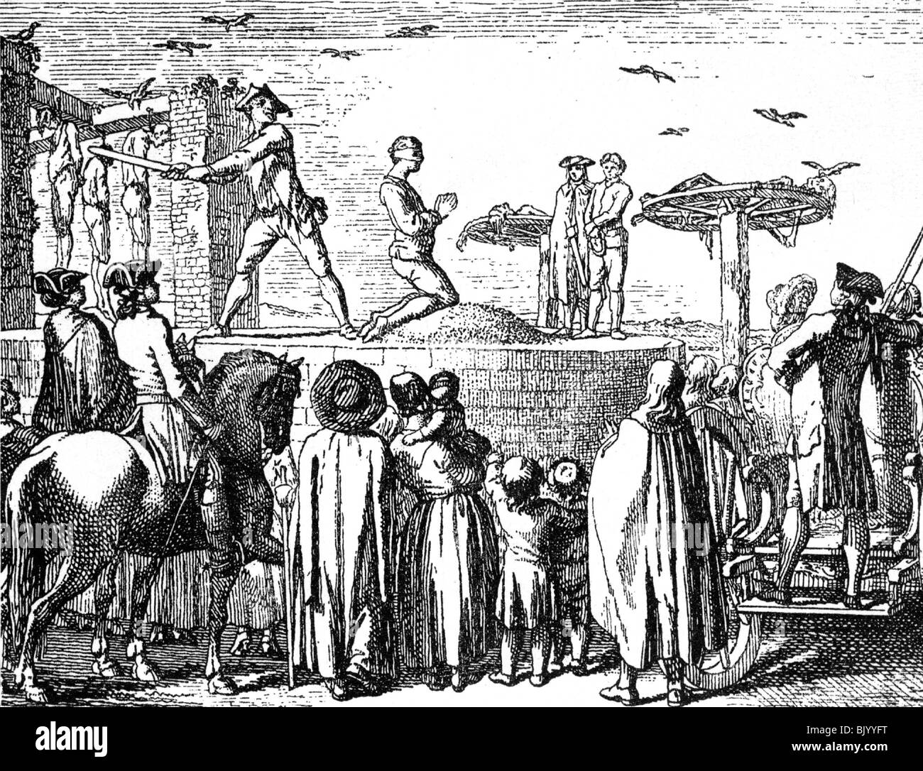 Giustizia, sistema penitenziario, esecuzione, decapitazione, incisione in rame di Daniel Chodowiecki a "Elementarwerk" di Johannes Basedow, 1774, Foto Stock