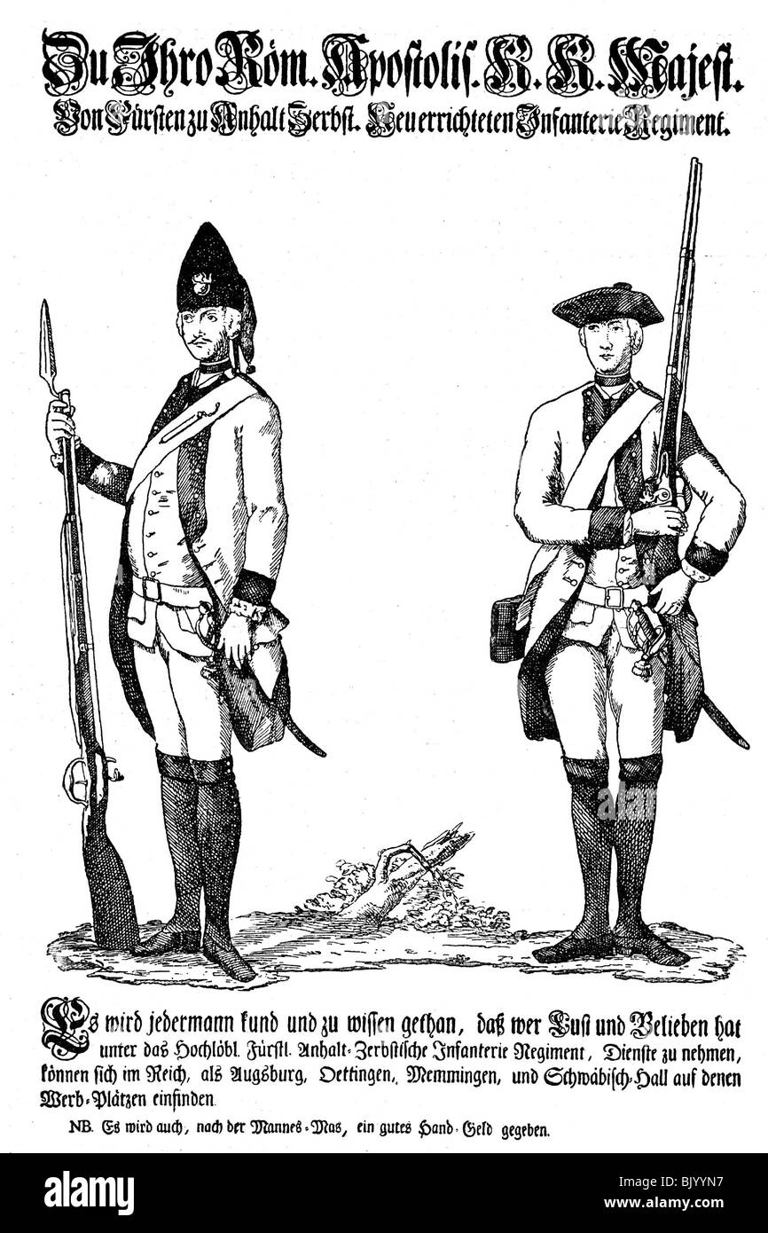 Militare, Germania, reclutamento, poster pubblicitario per il reggimento di fanteria imperiale Anhalt Zerbst in Swabia, Germania, circa 1735, Foto Stock
