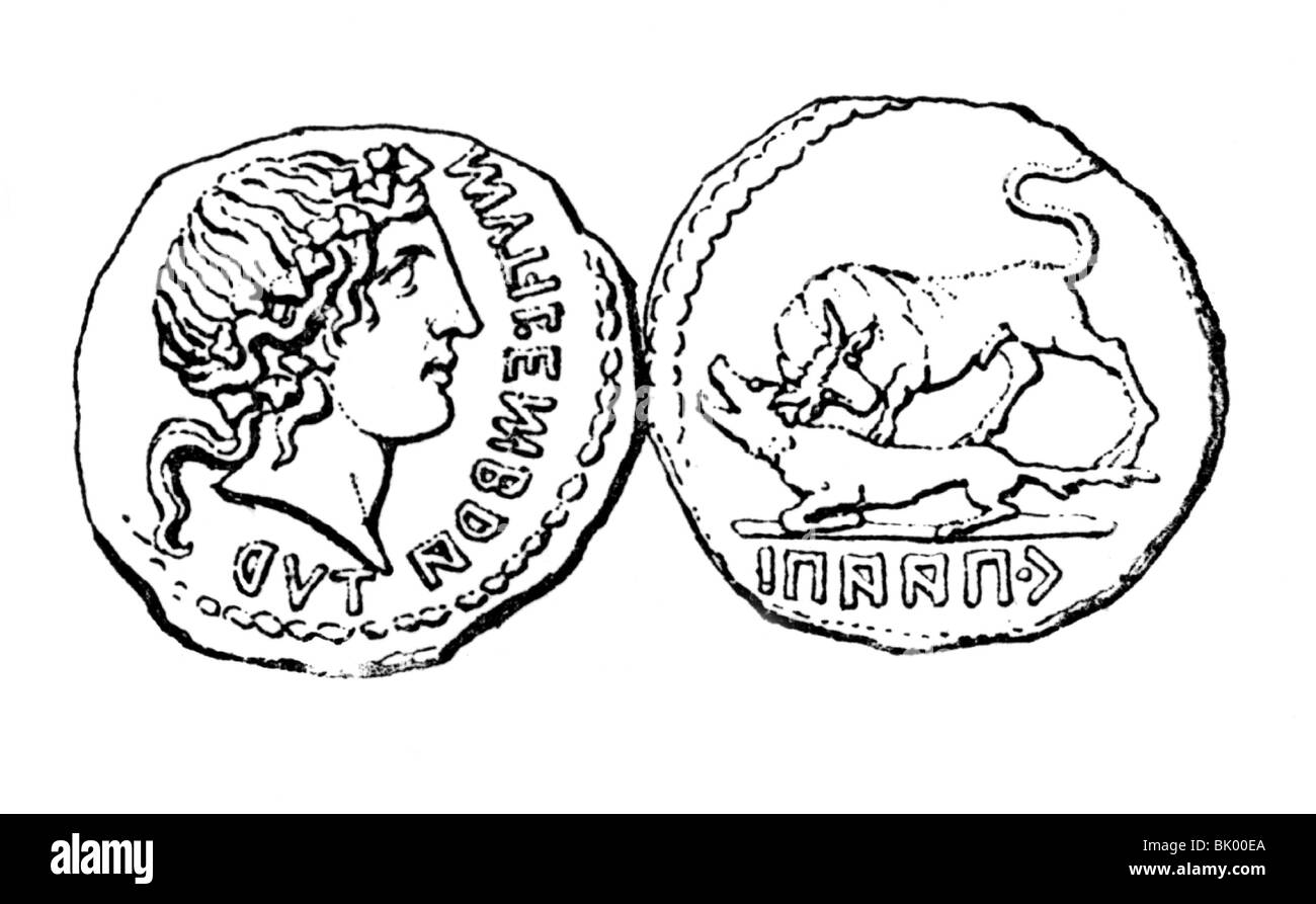 Antico mondo, Impero Romano, Guerra sociale (91-88 a.C.), moneta dell'alleanza Italica, dopo originale dal coin cabinet Berlino, testa e retro, incisione del legno, 19th secolo, storico, storico, Guerra Marsica, confederati, confederati, denaro, finanza, toro italico abbattuto il lupo Capitolino, Romani, Italia, clipping, cut-out, cut-out, cut-out, cut-out, numismatica, mondo antico, persone, Foto Stock