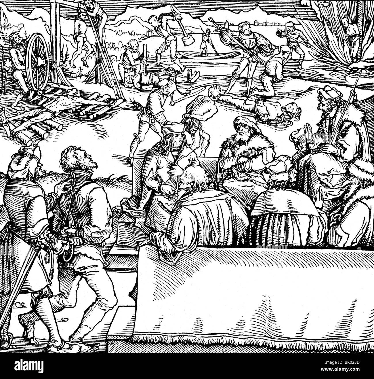 Giustizia, sistema penitenziario, tribunale e diverse giustificazioni, legno di Hans Burgkmair, Trostspiegel di Petrarca von Steyner, Augsburg, 1539, Foto Stock