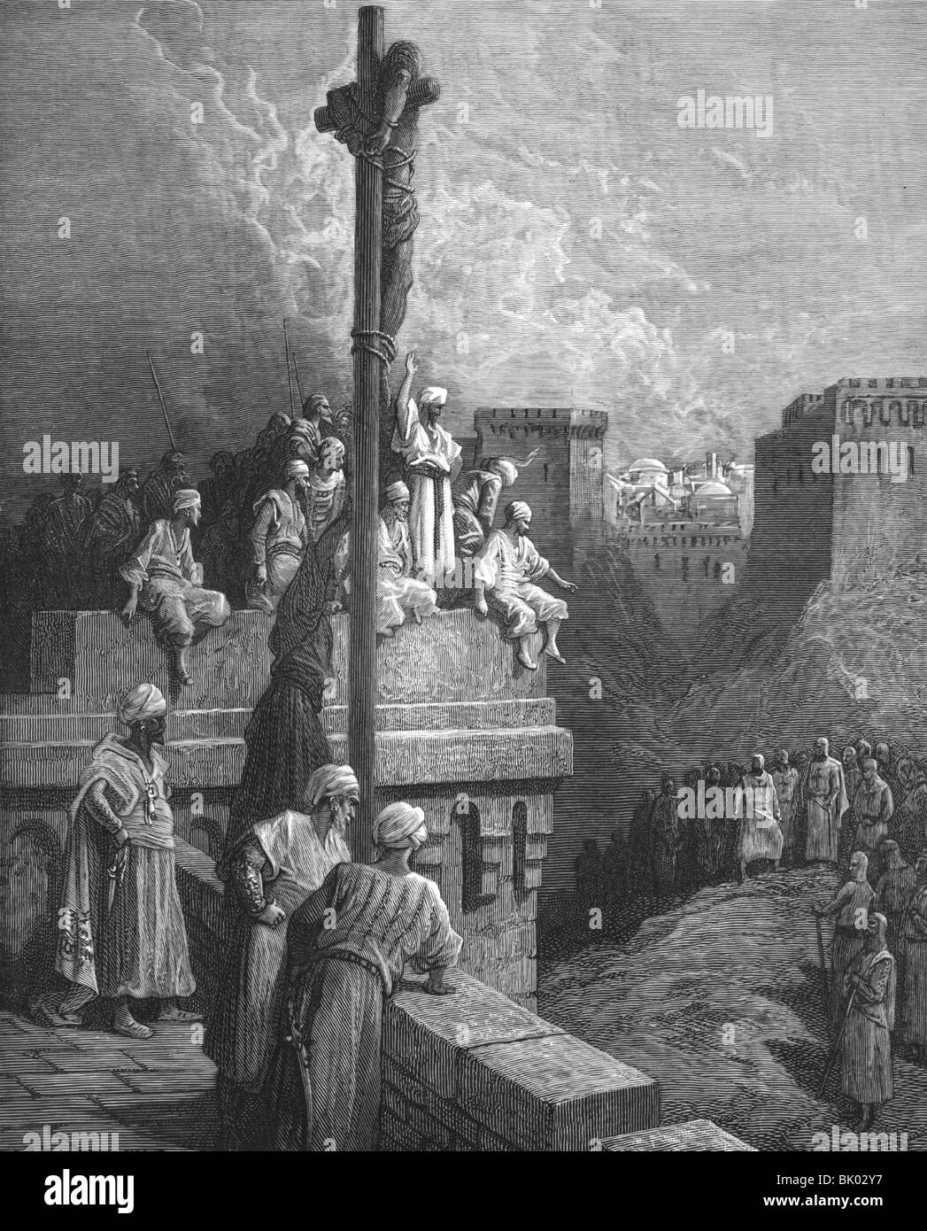 Medioevo, crociate, Prima Crociata 1096 - 1099, primo assedio di Arsuf, Ottobre - Dicembre 1099, morte di Gerard d'Avesnes, incisione su legno da Bellenger dopo il disegno di Gustav Dore, "Histoire des Croisades' da Joseph Francois Michaud, 1875, artista del diritto d'autore non deve essere cancellata Foto Stock