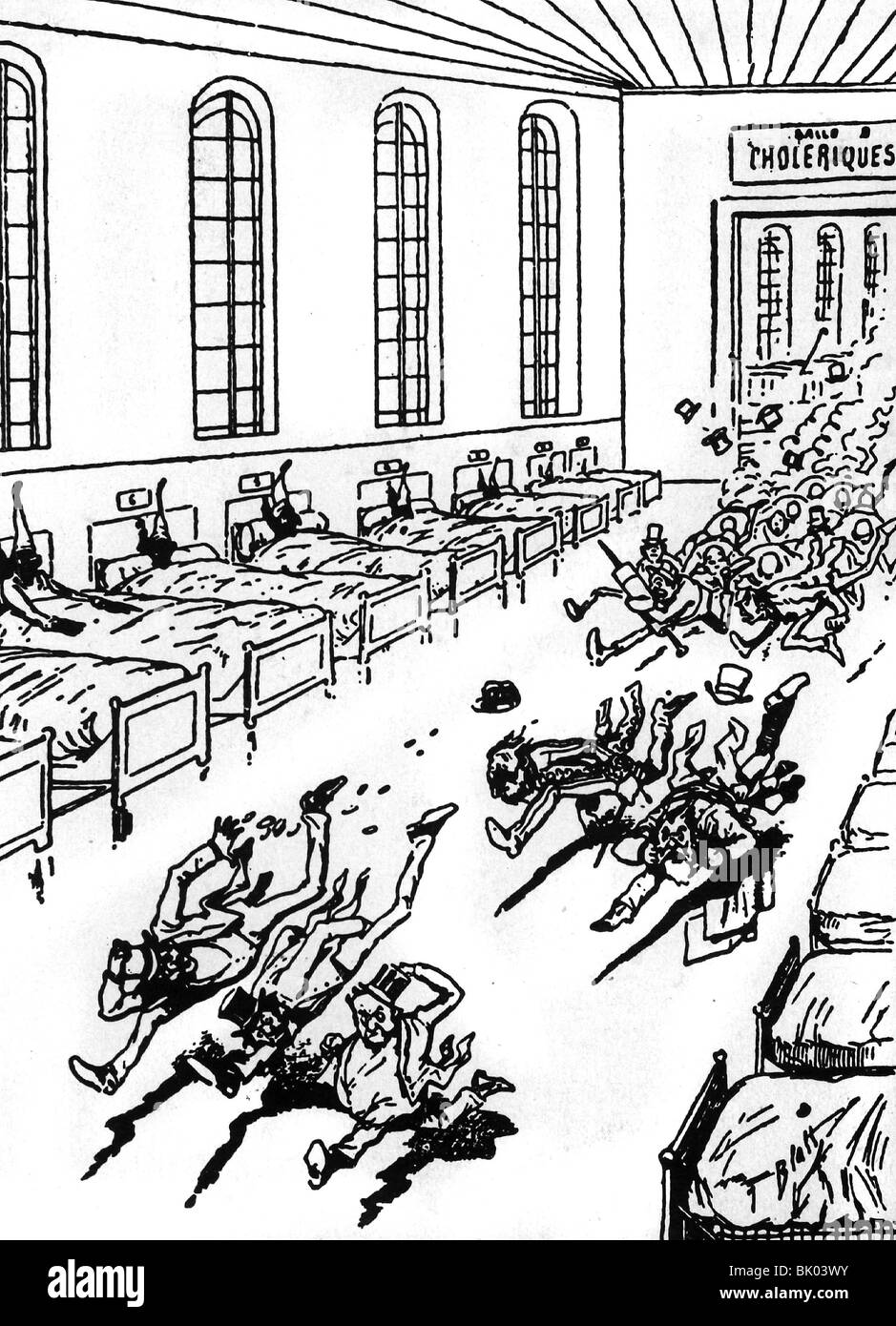 Medicina, malattie pandemiche, colera, caricatura di J. Blass sulla fuga del colera, visita delle autorità ospedaliere, 1884, Foto Stock