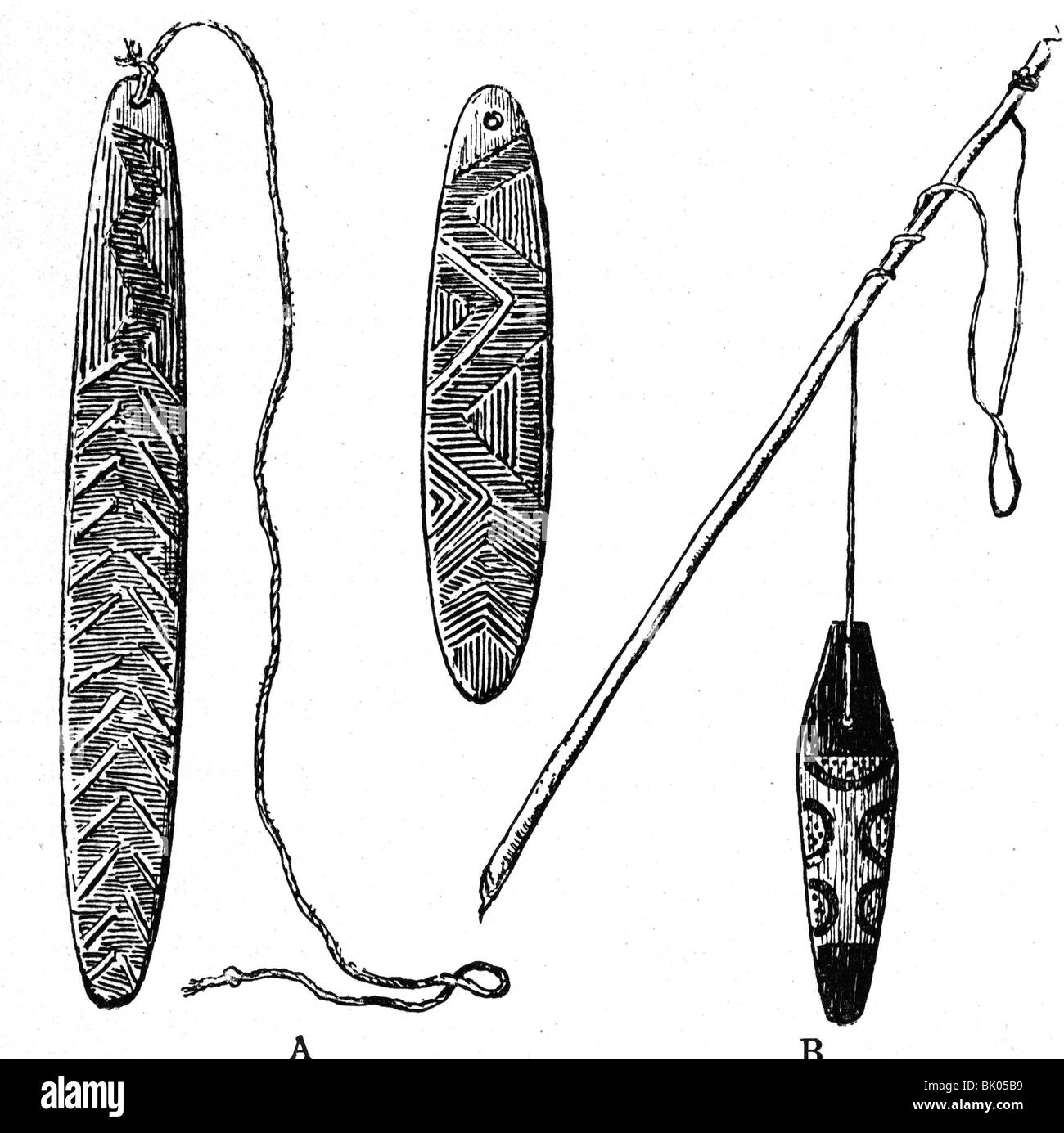 Musica, strumenti musicali, bullroarer, aborigeno australiano con bullroarer, incisione in legno, dopo disegno di Karl Reinke, 1910, Foto Stock