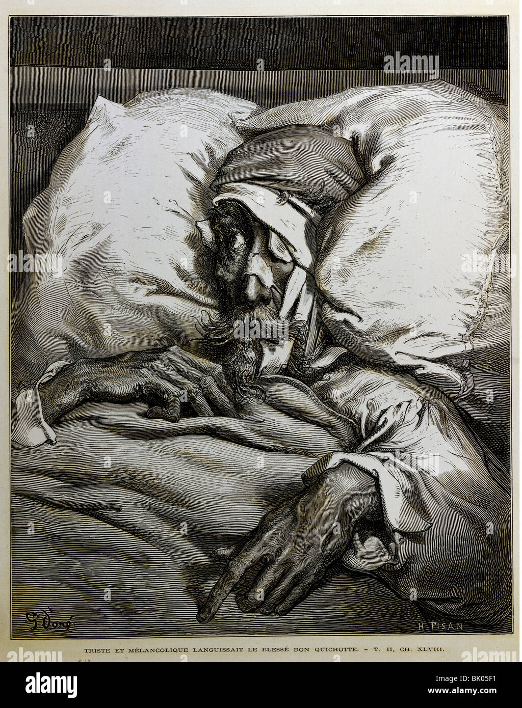 Cervantes y Saavedra, Miguel de, 1547 - 23.4.1616, spagnolo autore / scrittore, opere, 'Dsu Quixote de la Mancha", 1605/1615, scena, 'Dsu Chisciotte giacente esaurito nel letto ferito da avventure', incisione su legno da Gustave Dore, Paris, 1863, collezione privata, , artista del diritto d'autore non deve essere cancellata Foto Stock