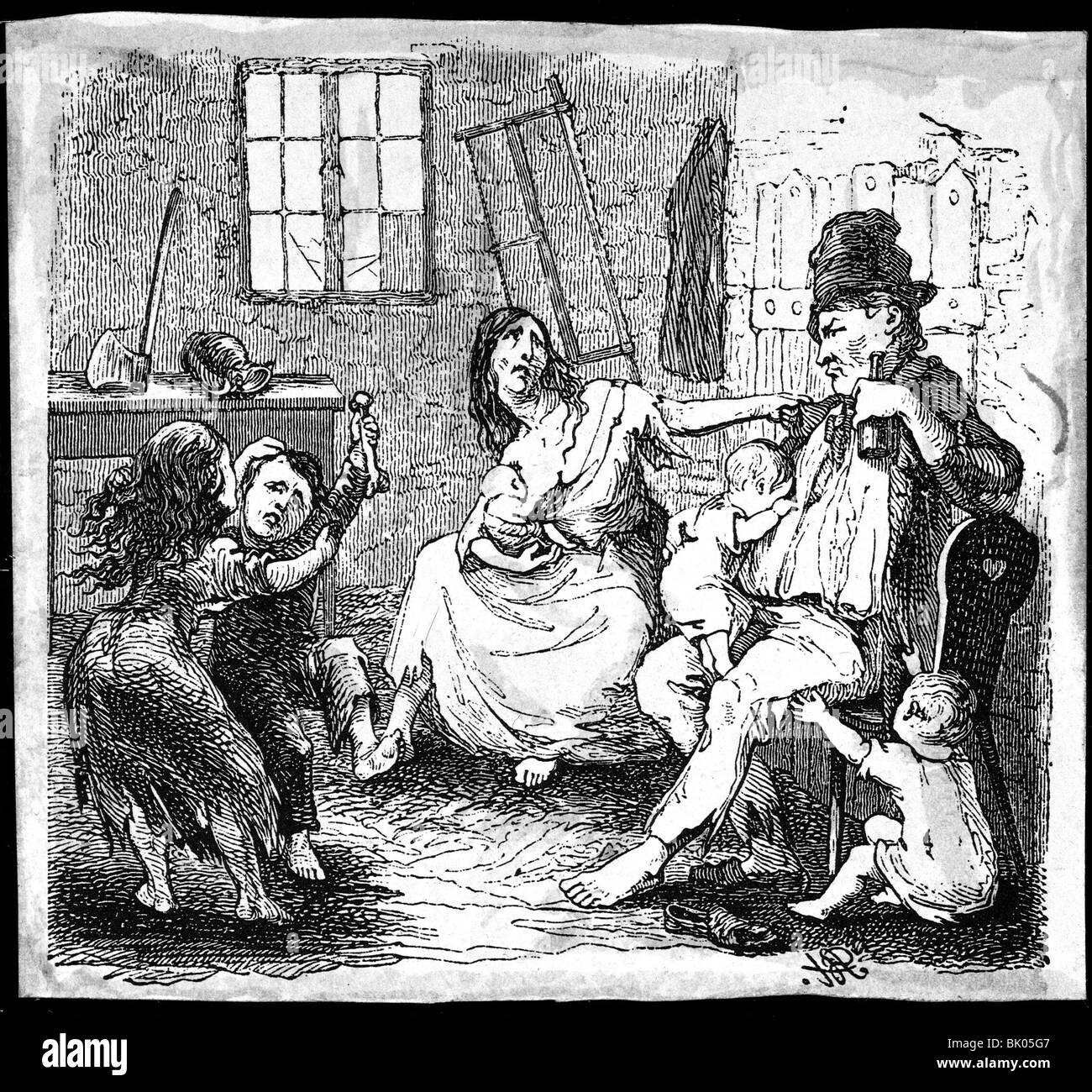 Persone, miseria / avversità, famiglia di tessitori silesiani nel suo alloggio miserabile, incisione in legno da 'Illustrierte Zeitung', Lipsia, 1845, collezione privata, Foto Stock