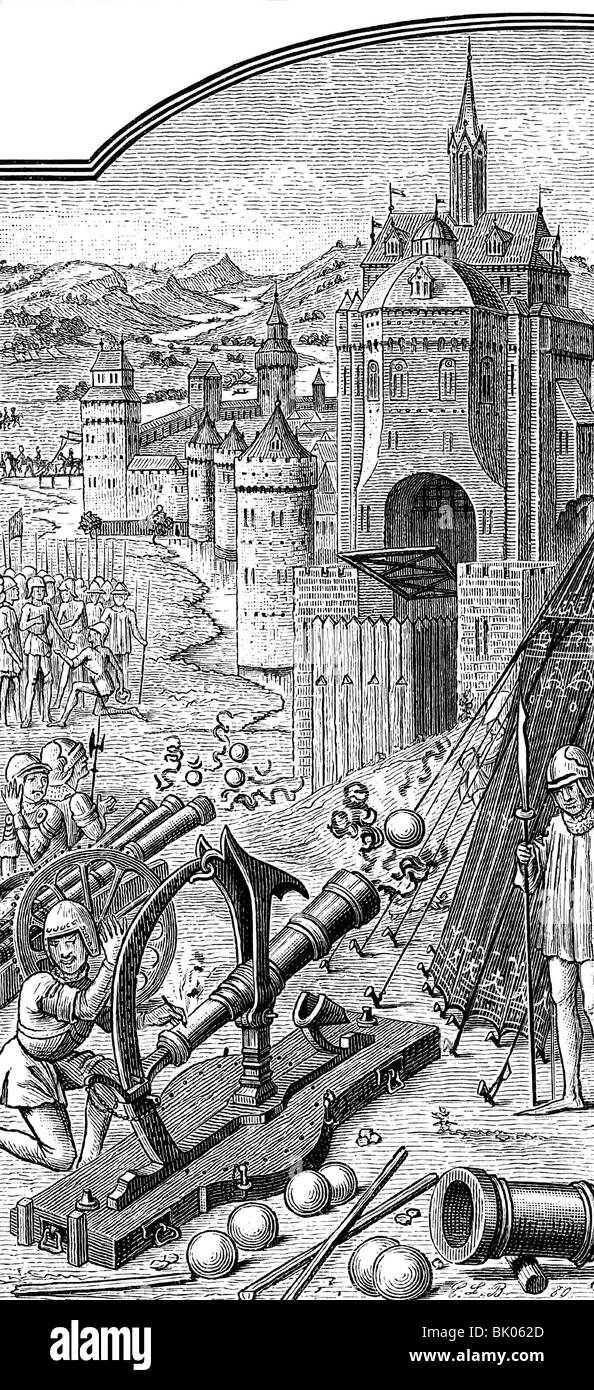 Eventi, Guerre della Borgogna 1474 - 1477, la città di Neuss sotto assedio da truppe di Carlo il Bold 1474/1475, incisione in legno dopo miniatura di Jean Froissart, Breslauer Prachthandschrift, artiglieria che sguscia una porta della città, città, pistola, cannoni, cannoni, Medioevo, Borgogna, Borgogna, soldati, mercenari, 15th secolo, storico, guerra medievale, medievale, medievale persone, Foto Stock