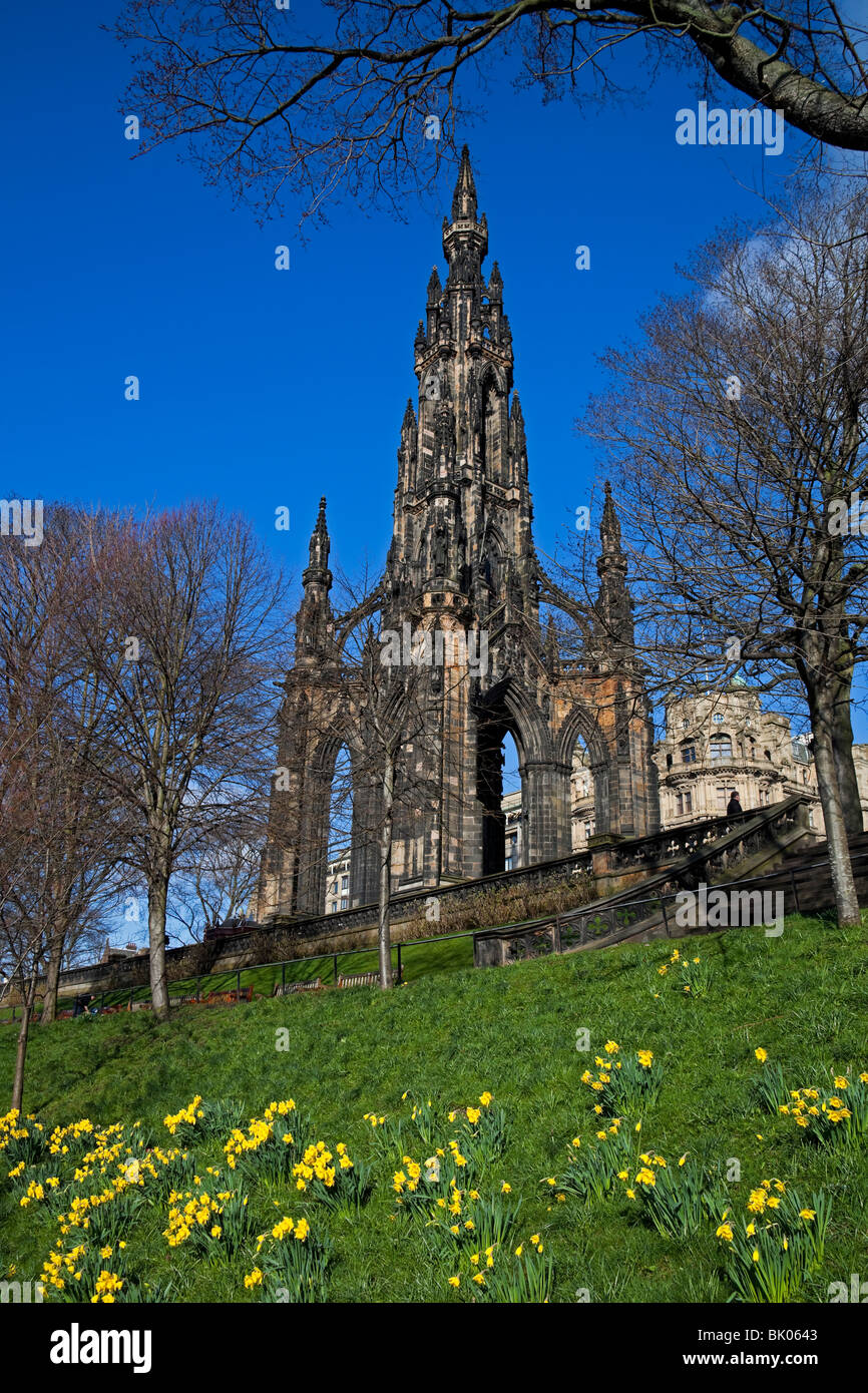 Walter Scott Monument con molla narcisi, i giardini di Princes Street, Edimburgo, Scozia, Regno Unito, Europa Foto Stock