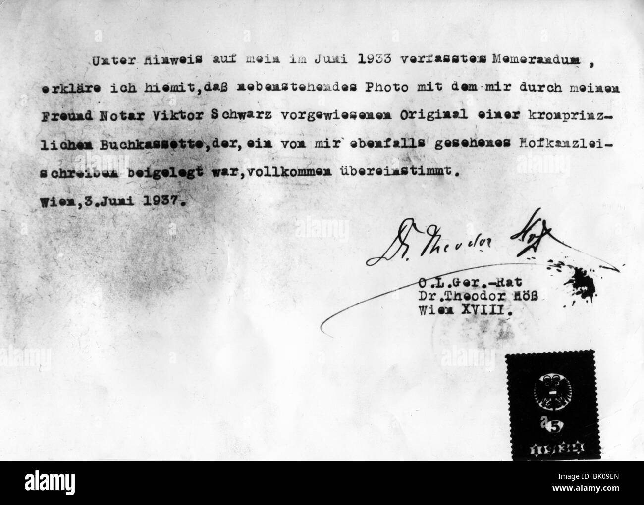 Rudolf, 21.8.1858 - 30.1.1889, Principe ereditario d'Austria-Ungheria, casella con lettere a Maria Antonietta di Toscana, dichiarazione del consiglio Dr. Theodor sull'autenticità della fotografia, Vienna, 3.6.1937, , Foto Stock