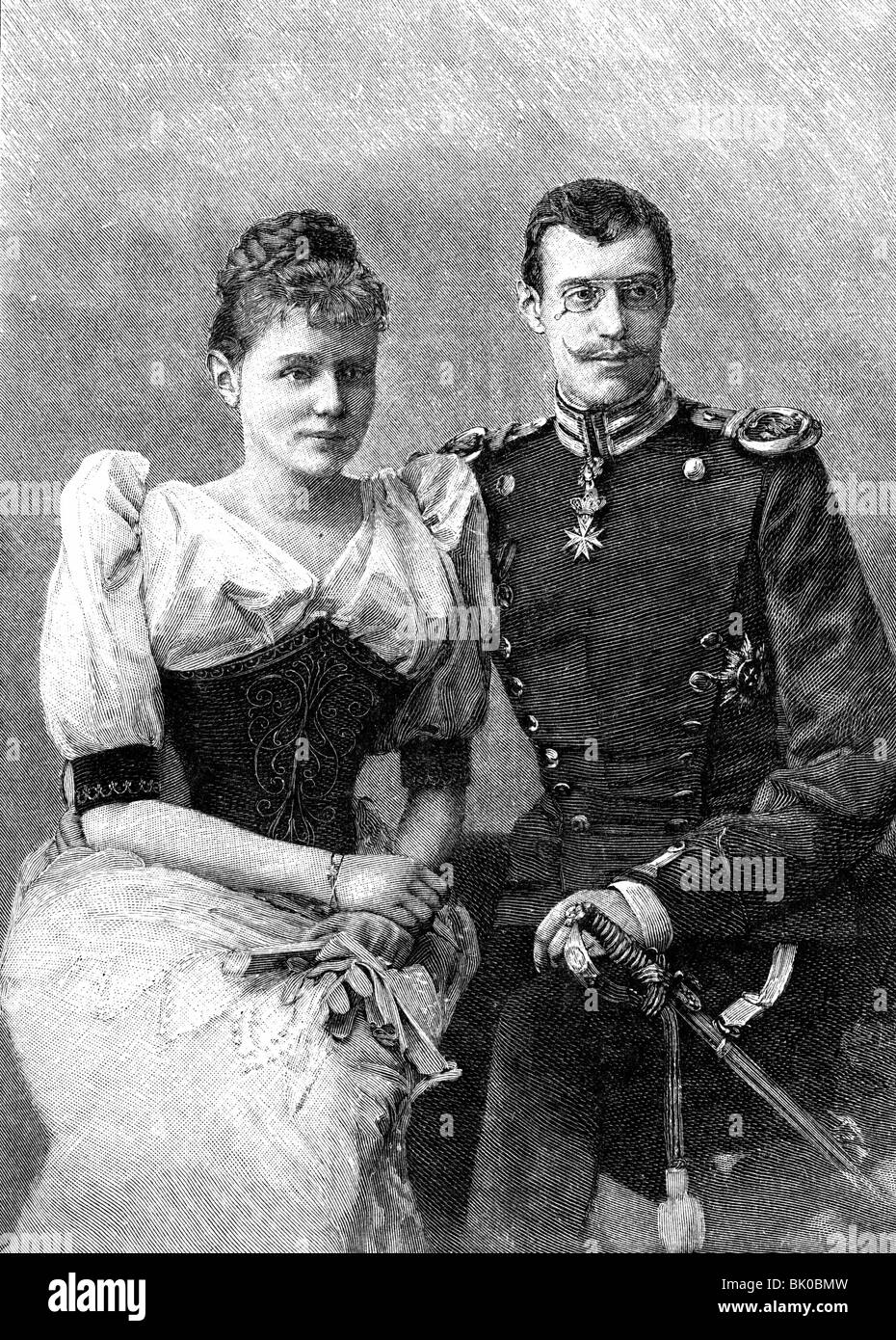 Wilhelm II Karl, 30.5.1864 - 24.3.1928, Duca di Urach 16.7.1869 - 24.3.1928, con fidanzata Principessa Amalie in Baviera, incisione in legno, 1892, , Foto Stock