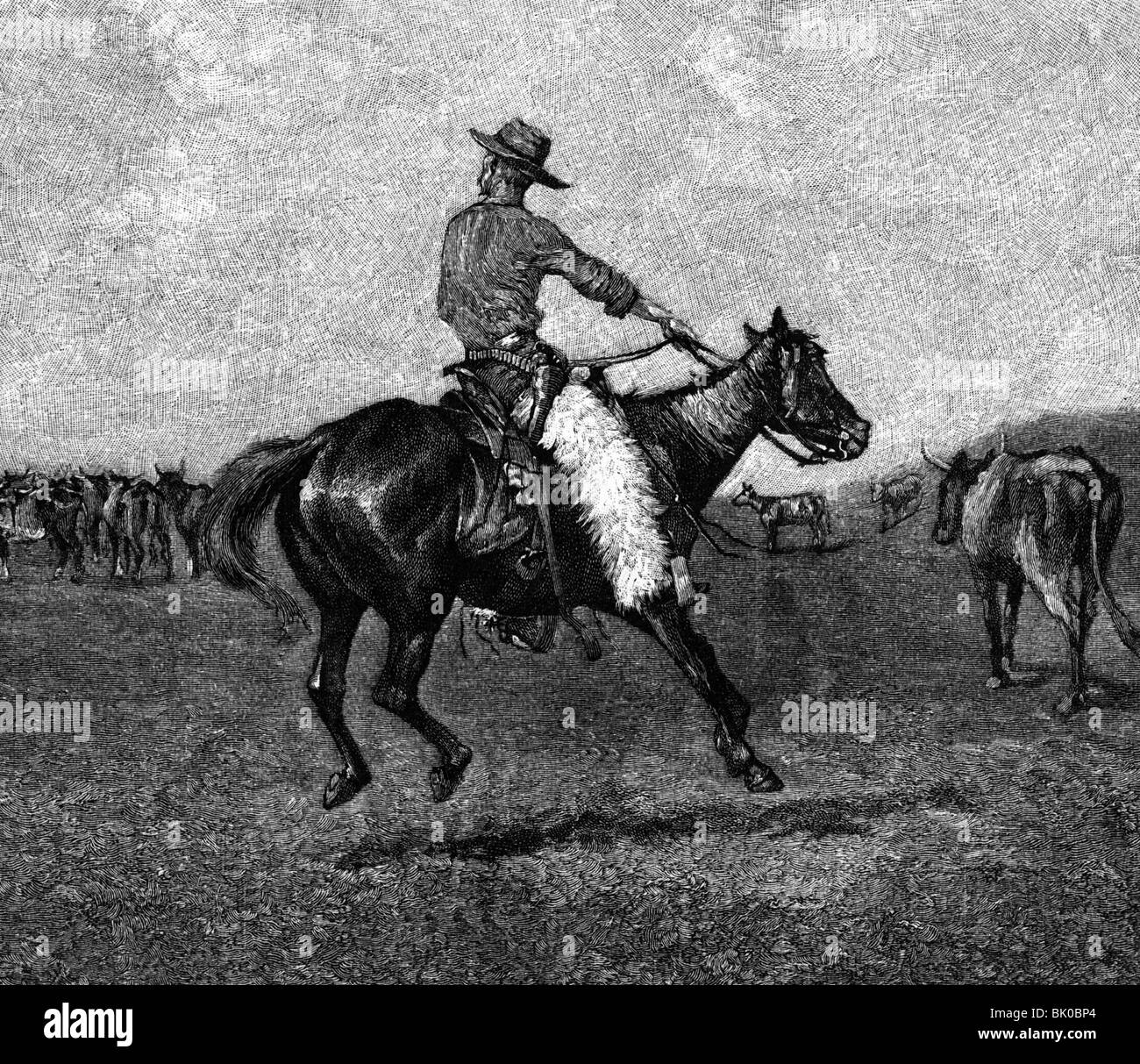 Geografia / viaggio, Stati Uniti d'America, persone, cowboy, riduzione del bestiame (Roung up), incisione del legno dopo la pittura di Frederick Remington, 19th secolo, Foto Stock
