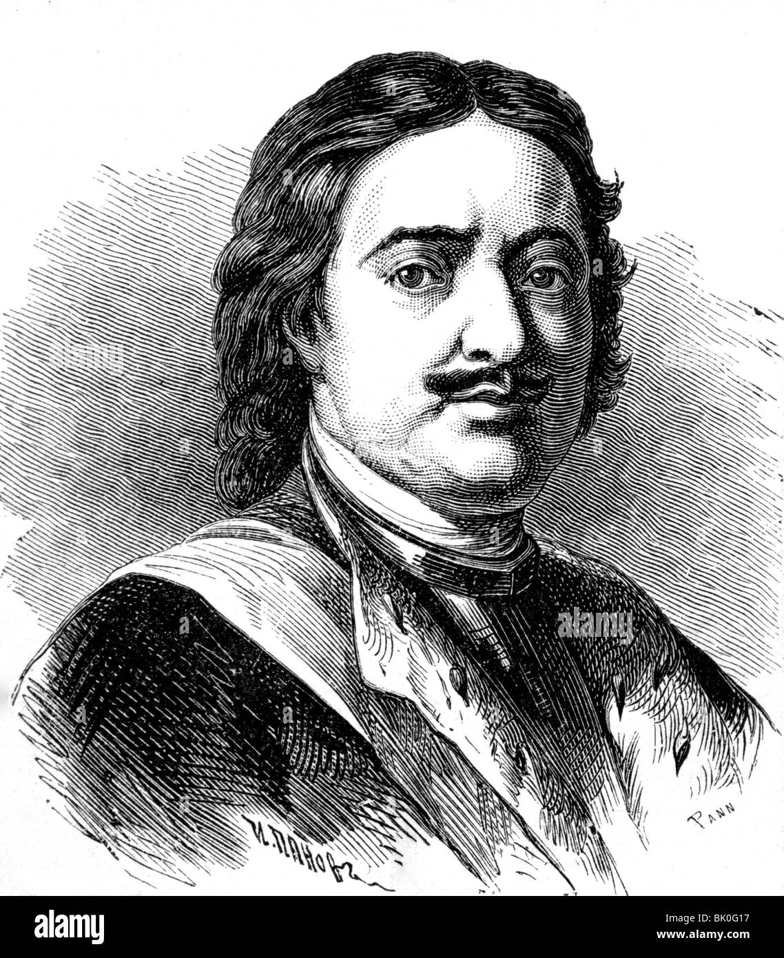 Peter i Alexeyevich 'il Grande', 9.6.1672 - 8.2.1725, imperatore di Russia 27.4.1682 - 8.2.1725, ritratto, incisione in legno, 19th secolo, , Foto Stock