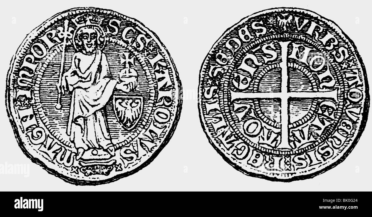 Denaro, monete, Germania, Free Imperial City di Aquisgrana, moneta d'argento, 2nd mezzo 14th secolo, fronte: Carlo Magno come san, retro: Croce, incisione in legno, 19th secolo, Medioevo, storico, storico, numismatica, medievale, persone, Foto Stock