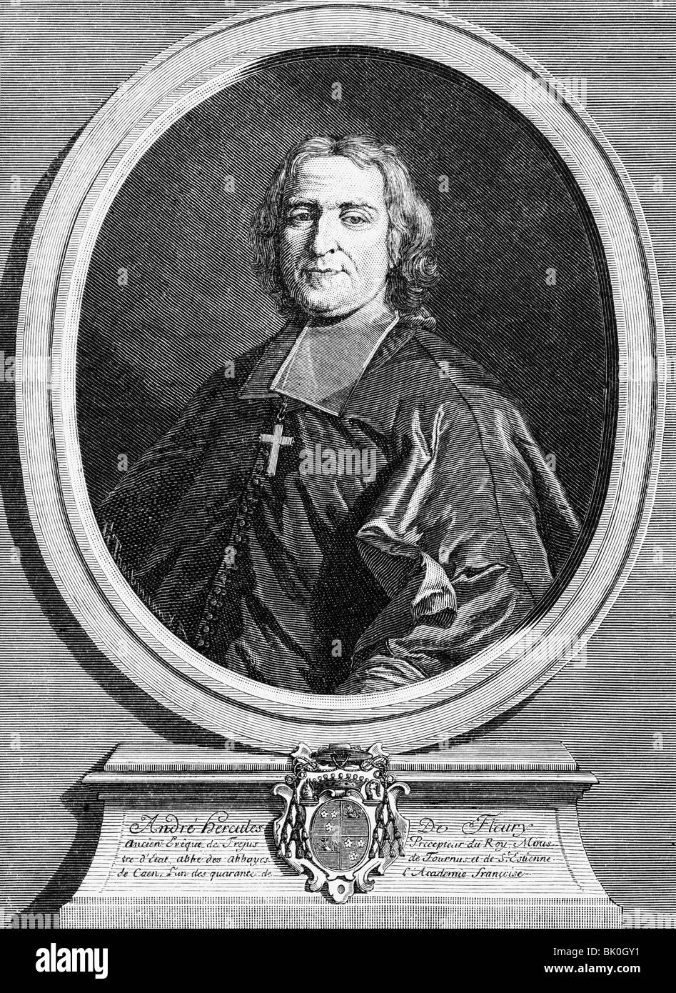Fleury, Andre-Hercule de, 22.6.1653 - 29.1.1743, assistere francese e uomo politico, Primo Ministro 11.7.1726 - 29.1.1743, a mezza lunghezza e incisione in rame da Chereau, circa 1727, , artista del diritto d'autore non deve essere cancellata Foto Stock