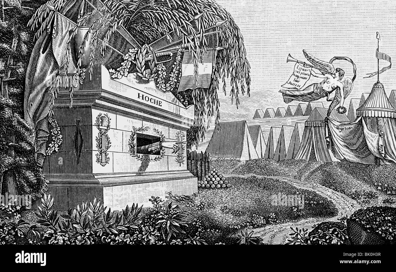 Hoche, Louis Lazare, 25.6.1768 - 19.9.1797, generale francese, morte, allegoria, la sua lapide, 'prendere in consegna il mio post, venite e salvare il paese', incisione su rame, circa 1798, , artista del diritto d'autore non deve essere cancellata Foto Stock