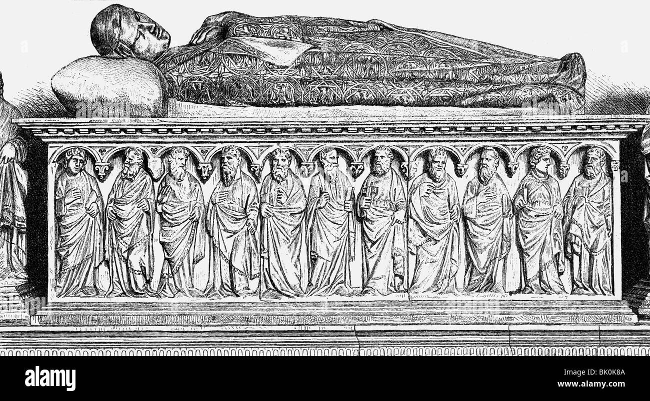 Enrico VII, circa 1275 - 24.8.1313, Sacro Romano Imperatore 29.9.1312 - 24.8.1313, sarcofago nel Duomo di Pisa, 1315, incisione in legno, 19th secolo, , Foto Stock