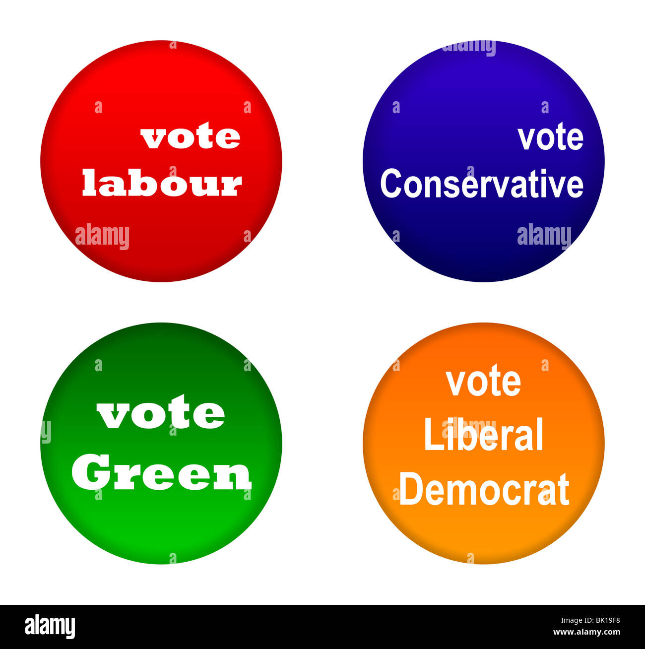 Set di partito britannico badge politico isolato su sfondo bianco. Foto Stock