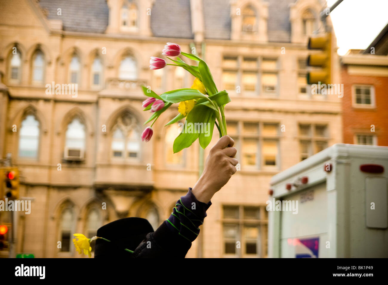 Un uomo porta i tulipani sopra la sua testa, sulla strada in Manhatttan, NY. Foto Stock