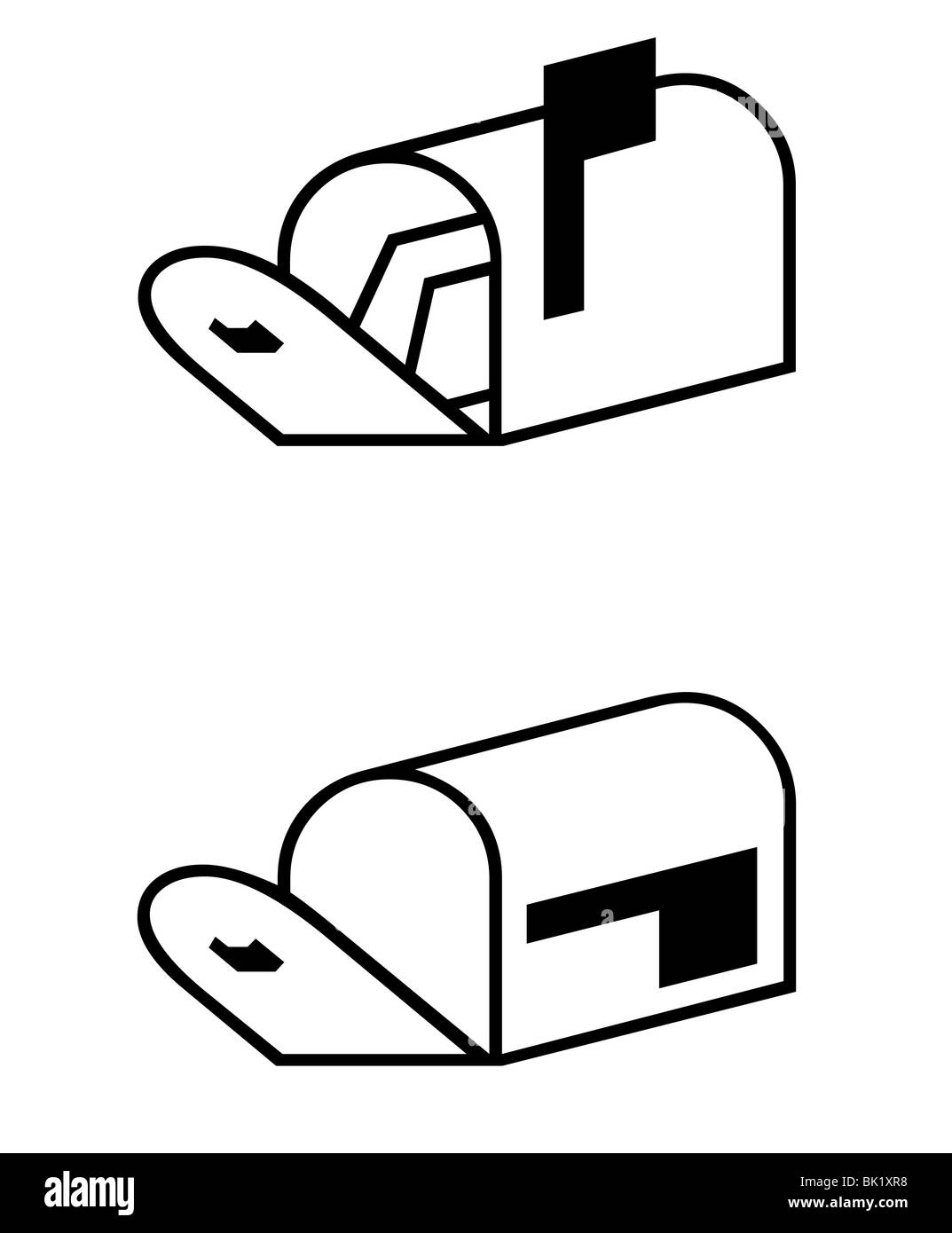 Silhouette di due post o caselle di posta, uno contenente lettere, isolati su sfondo bianco. Foto Stock