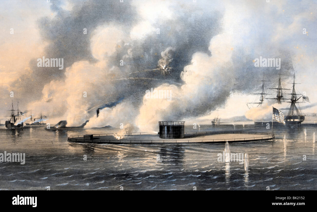 Il monitor VS Il Merrimac - Battaglia di Hampton Roads - Marzo 8-9, 1862 - Battaglia di Ironclads - USA GUERRA CIVILE Foto Stock