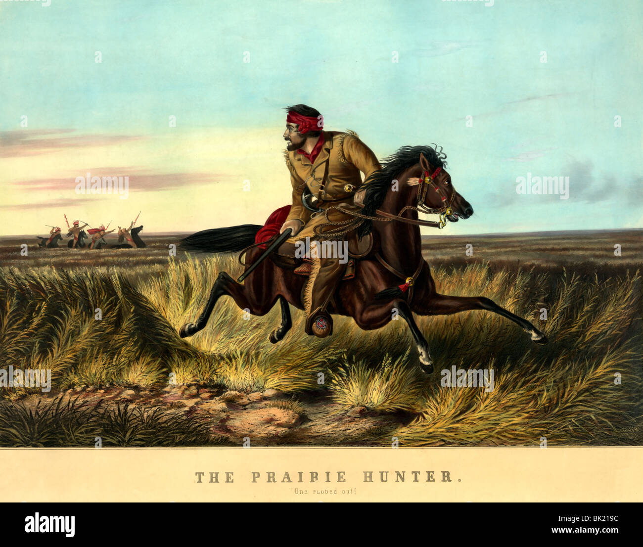 La Prairie hunter: 'Una sfregata fuori!' - mostra American Indian dopo essere stato colpito da una prateria cacciatore con titolo in basso Foto Stock
