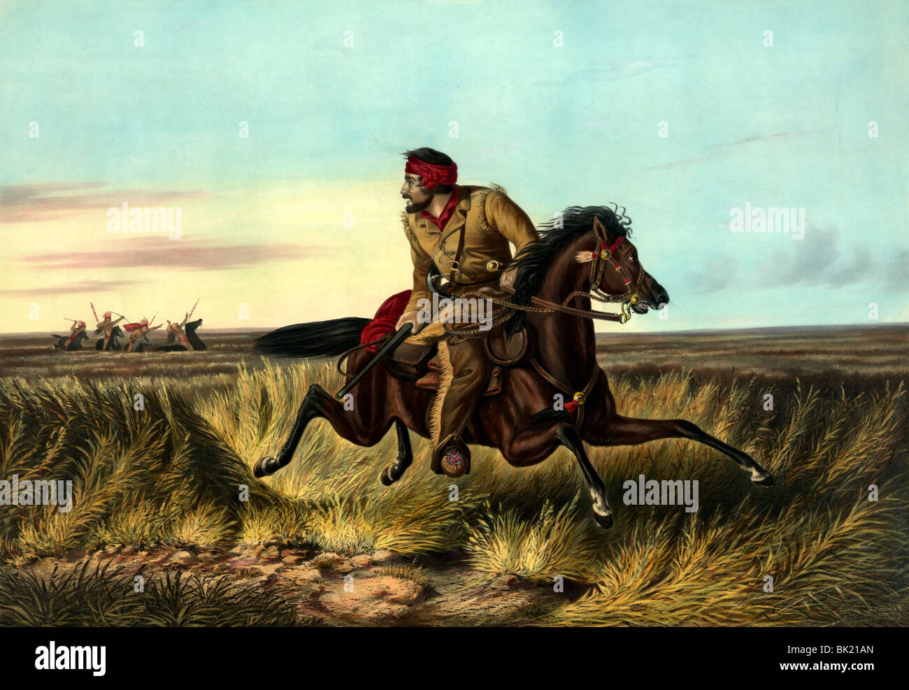La Prairie hunter: 'Una sfregata fuori!' - mostra American Indian dopo essere stato colpito da un cacciatore di prateria Foto Stock
