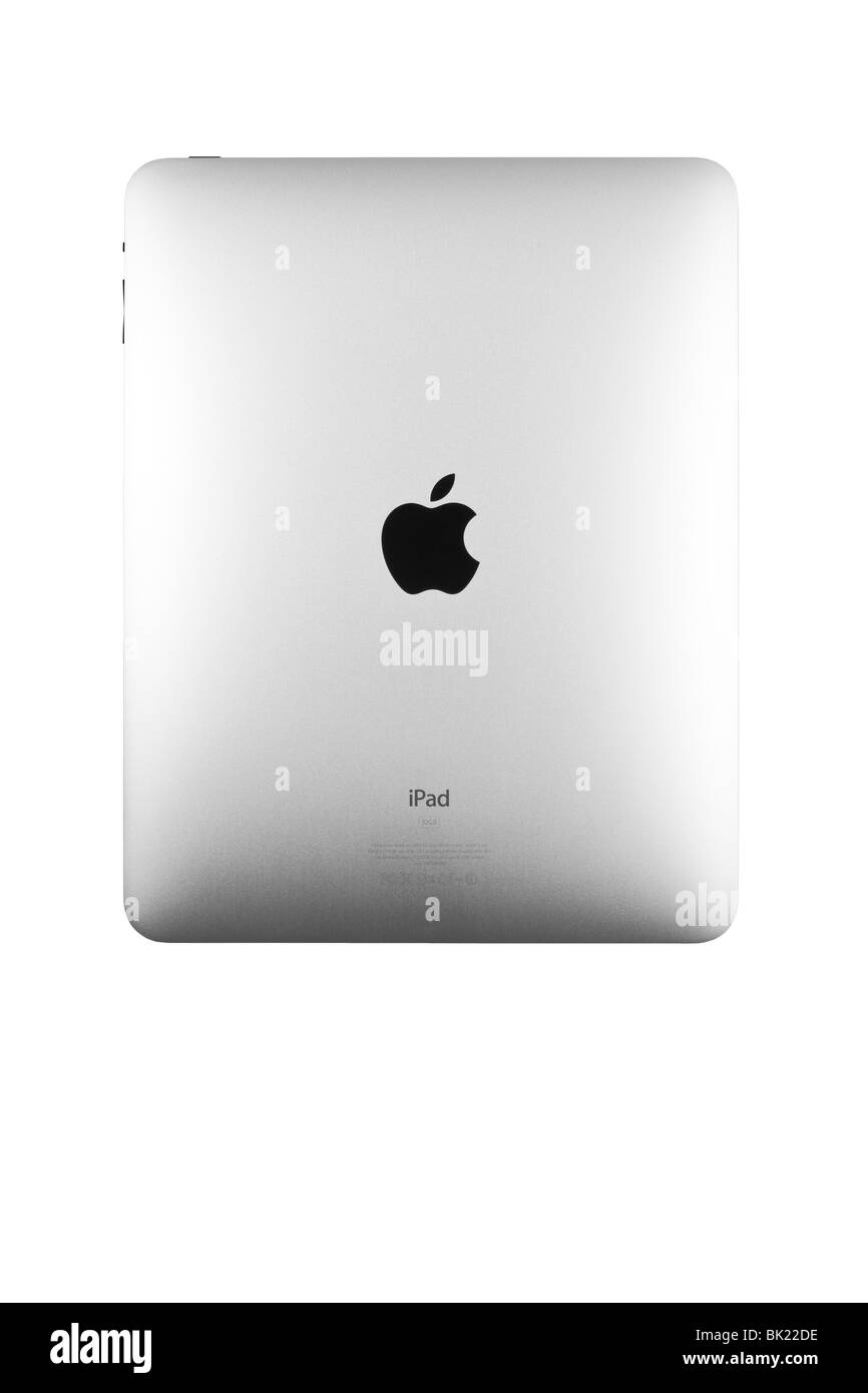 Foto del prodotto del pannello posteriore di Apple iPad con il logo Apple e le informazioni sul prodotto in vista. Foto Stock