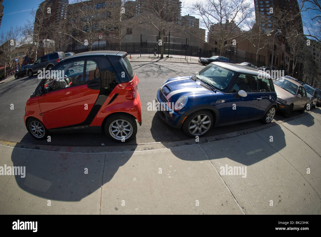 Una due posti auto Smart, sinistra, fabbricato da Daimler e una Mini Cooper sono visti spremuta in un posto di parcheggio in New York Foto Stock