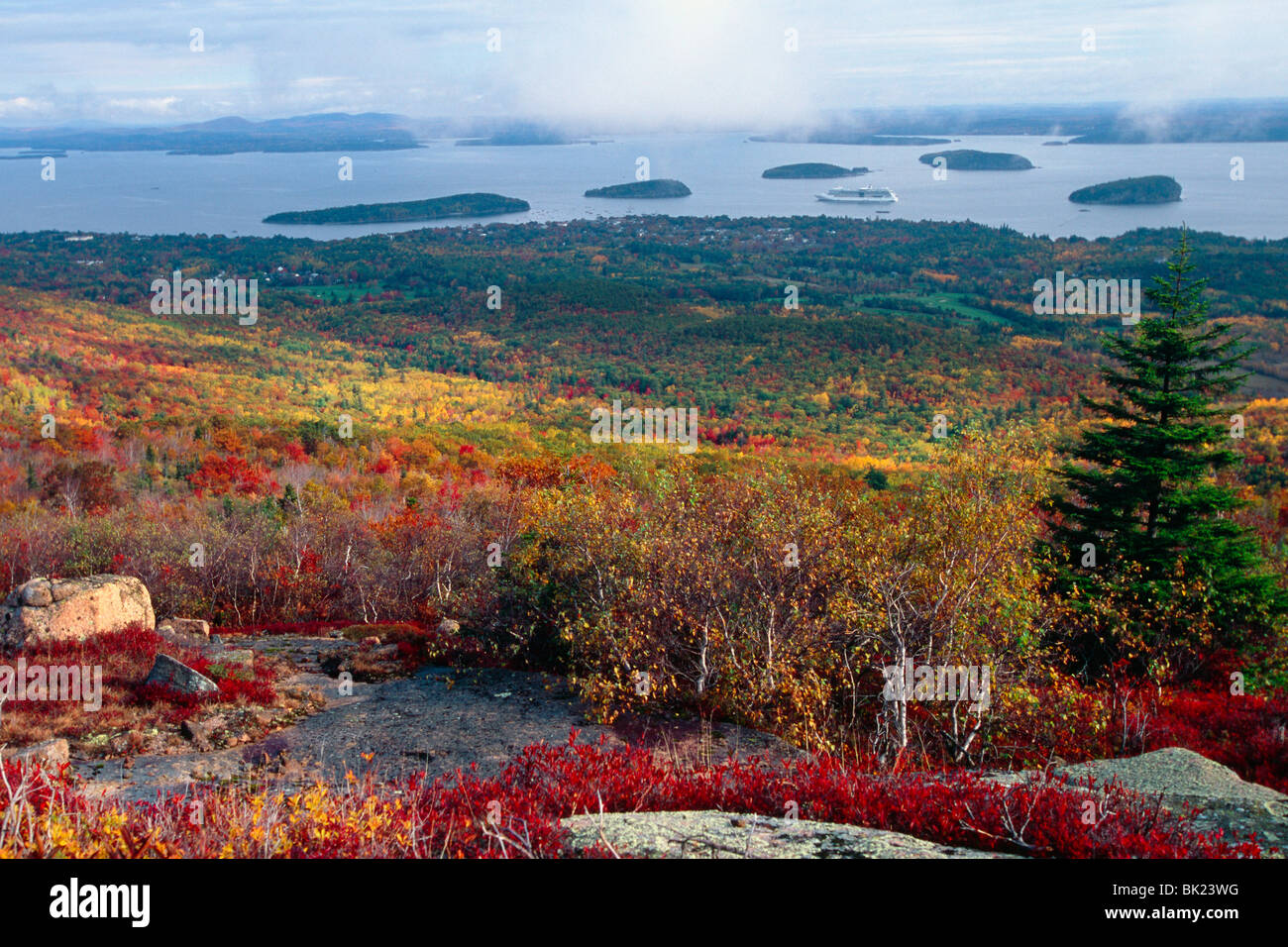 Caduta vista panoramica del porto di Bar da Cadillac Mountain, Acadia Nat'l parco, Maine Foto Stock