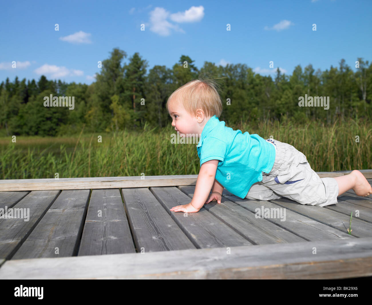 Baby boy su un dock Foto Stock
