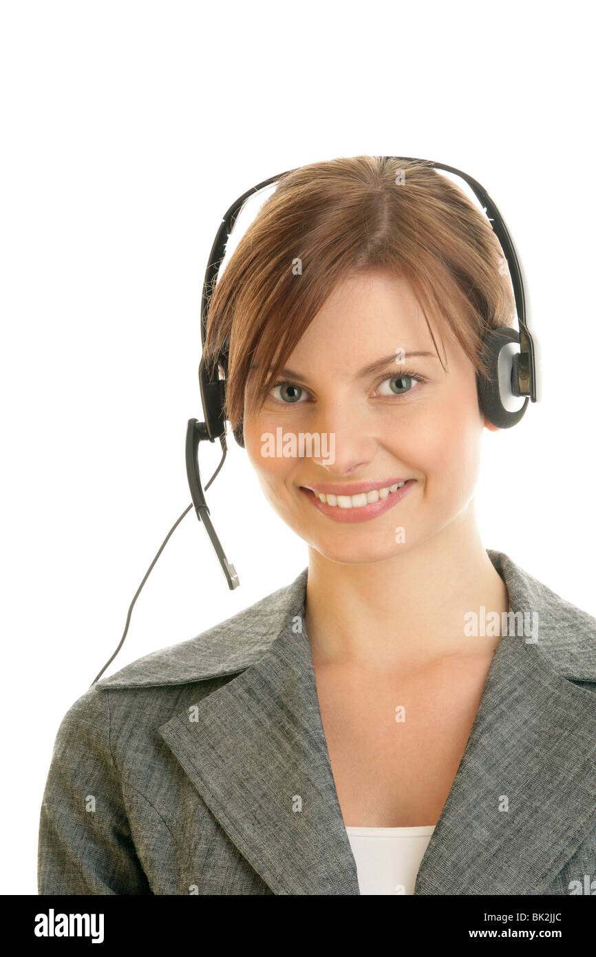 Ritratto di gentile segretario/operatore telefonico che indossa la cuffia isolate su sfondo bianco Foto Stock