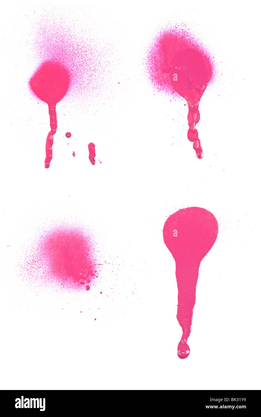 Set di quattro ad alta risoluzione a spruzzo spruzzi di vernice per uso con disegni. Isolato su sfondo bianco. Foto Stock