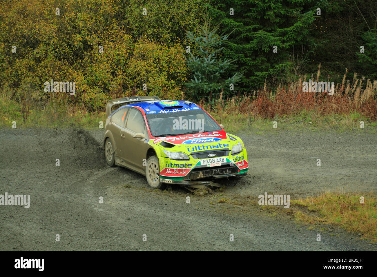Concorrente nel Campionato del Mondo Rally stage speciale tenutasi nella foresta Hafren, vicino a Llanidloes, POWYS, GALLES. Foto Stock