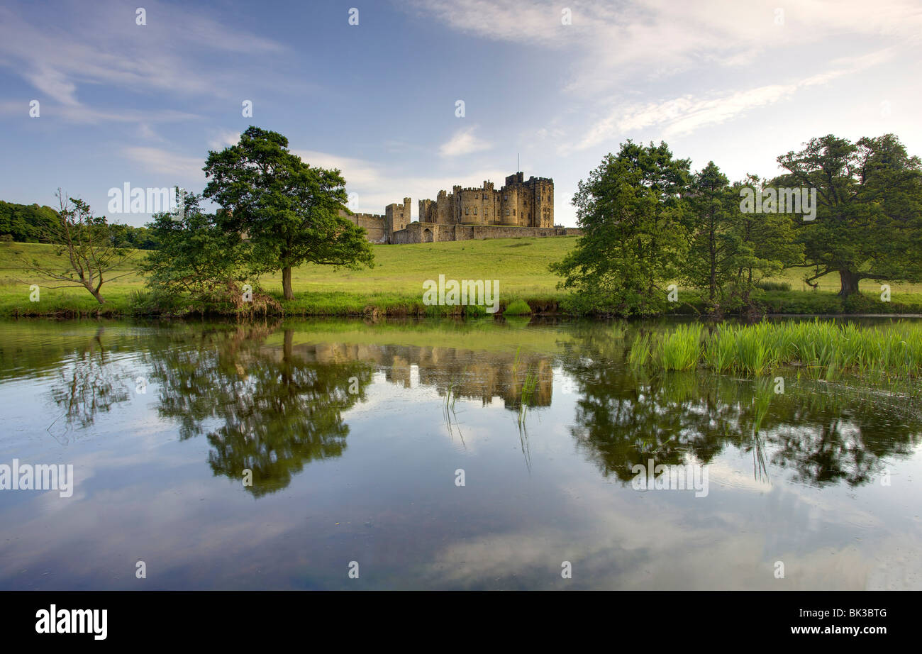 Alnwick Castle riflettendo nel fiume Aln, Alnwick, Northumberland, England, Regno Unito, Europa Foto Stock