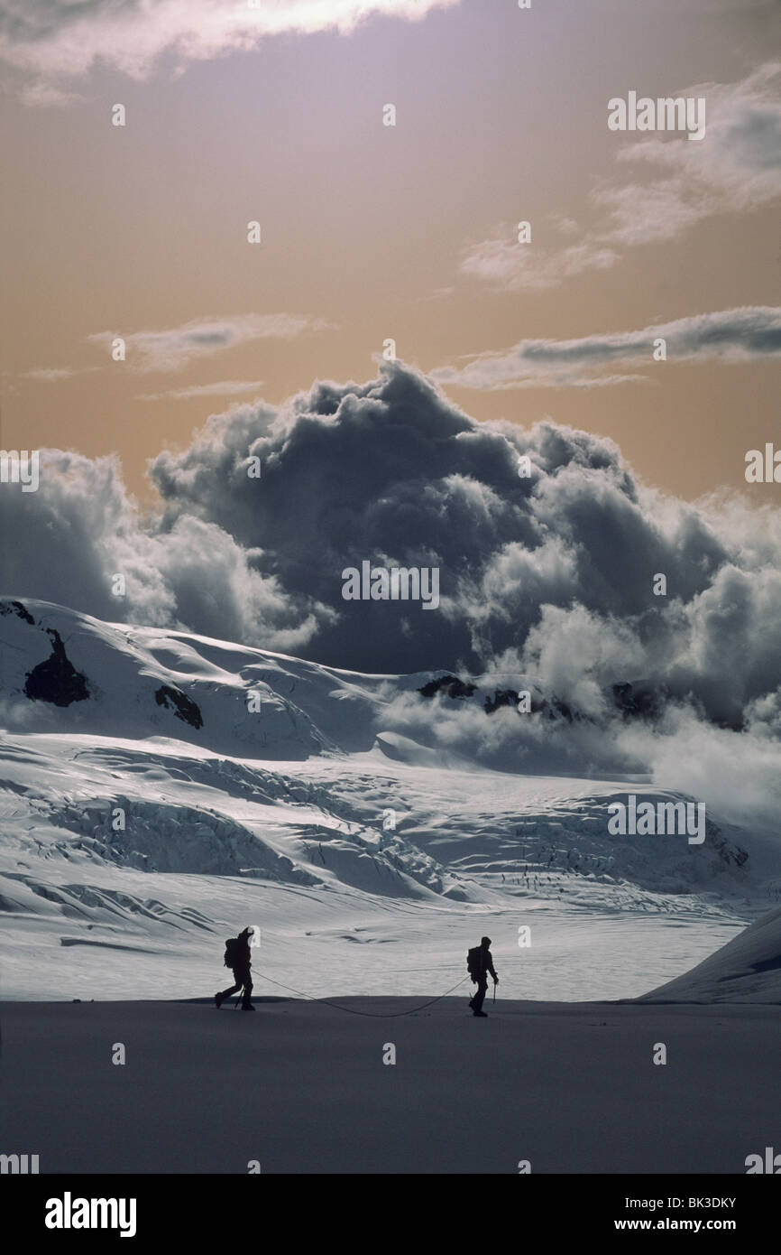 Due alpinisti negoziare crepacci sul ghiacciaio Fox, Westland National Park, Alpi del Sud, South Island, in Nuova Zelanda. Foto Stock