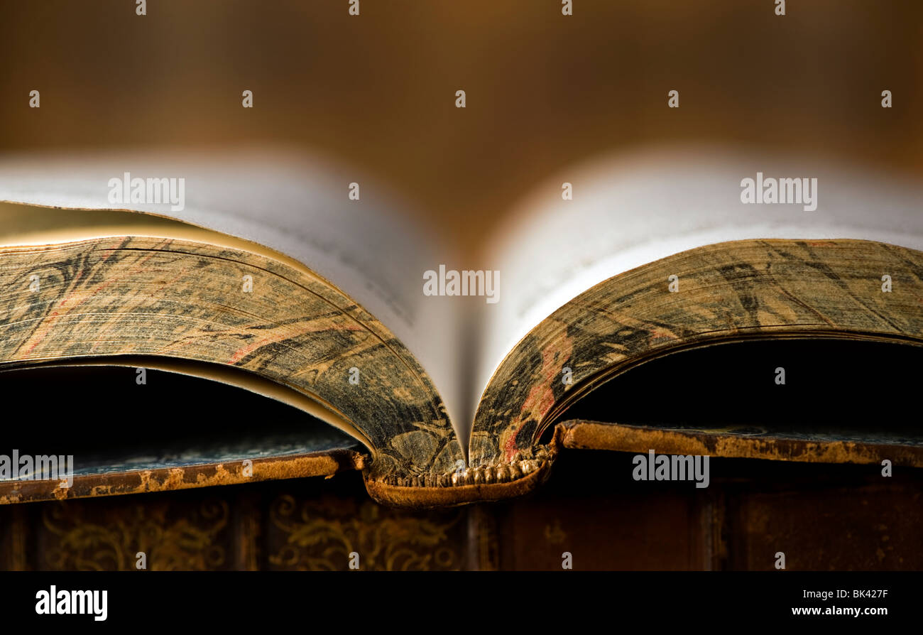 Antiquariato e aprire un libro, pronto a leggere in legno scuro e l'ambiente. Foto Stock