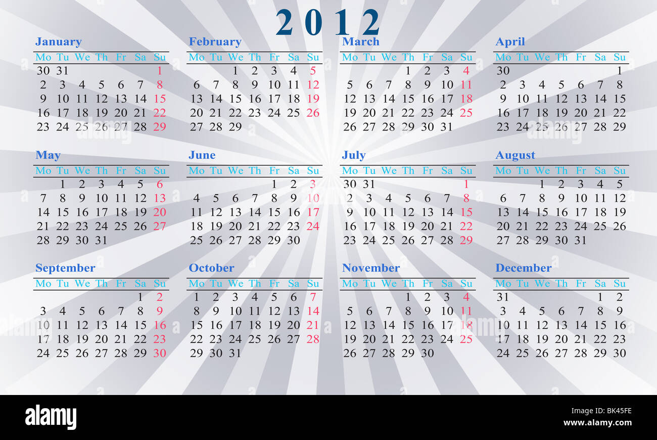 Orientata orizzontalmente illustrazione dell'anno di calendario 2012 Foto Stock