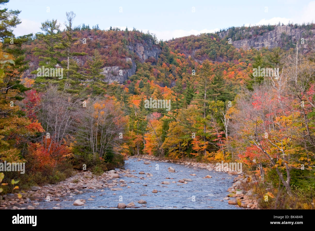 Fiume che scorre al fianco di Kancamagus Highway & Appalachian Trail panoramico con l'Autunno Autunno colori,colori, New Hampshire, STATI UNITI D'AMERICA Foto Stock