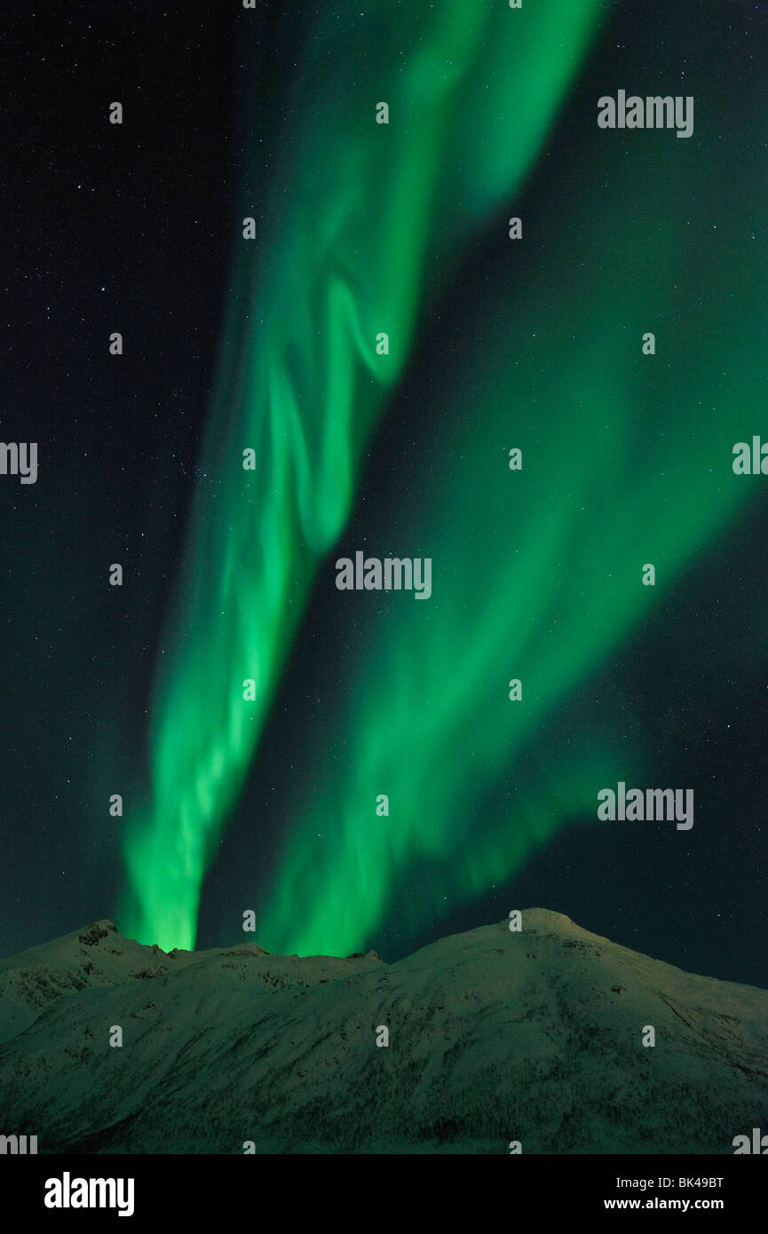 Luci del nord (Aurora Boreale) oltre le montagne sull'isola Kvaloya, vicino a Tromso, Norvegia settentrionale Foto Stock