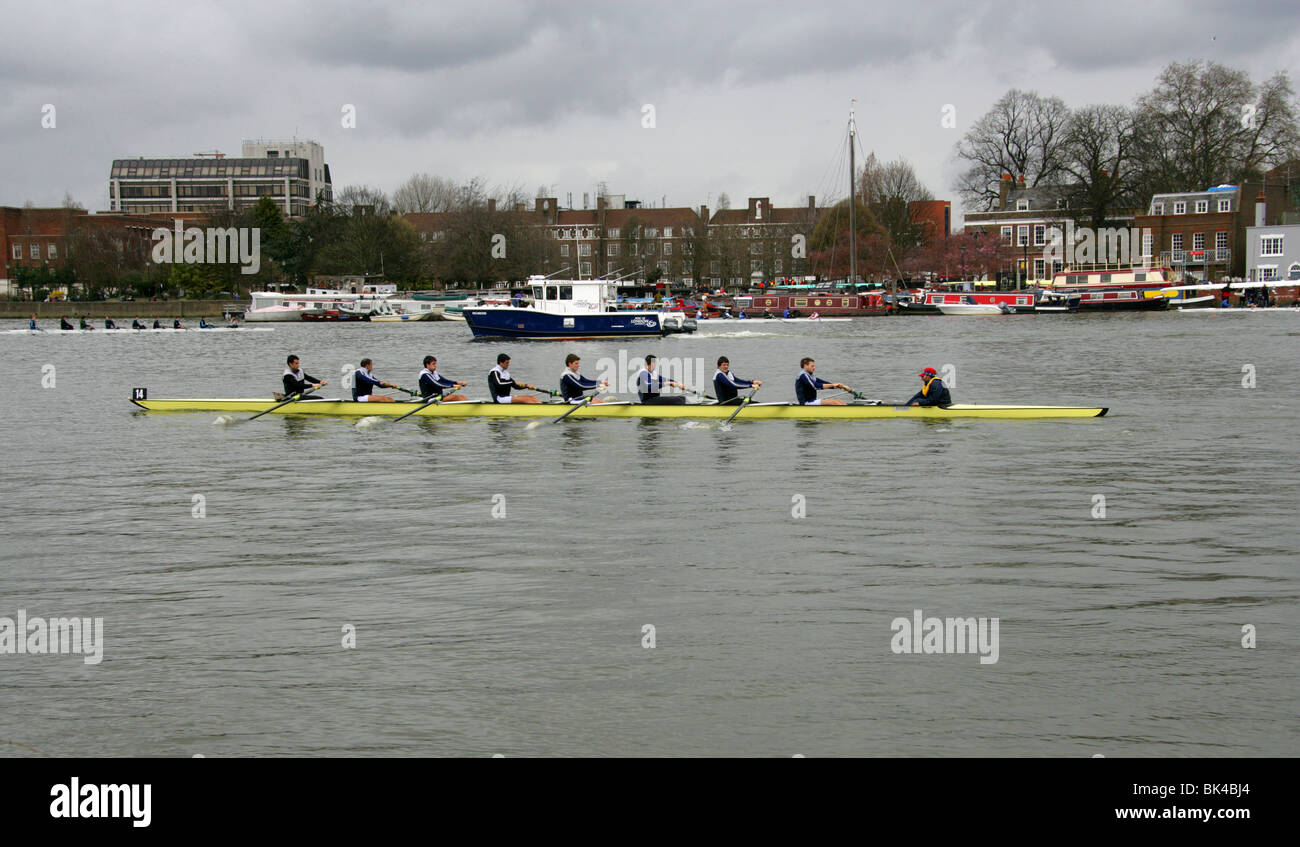 Real CN de Vigo (Spagna) Rowing Team in testa del fiume gara sul Fiume Tamigi a Hammersmith Bridge. Foto Stock