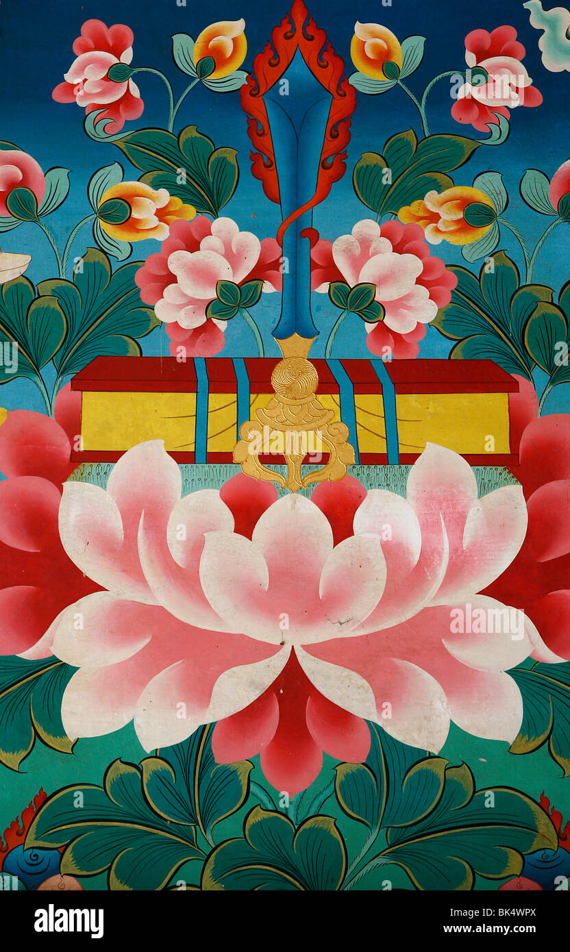 La pittura di fiore di loto, spada di conoscenza e il testo sacro, Monastero di Kopan, Kathmandu, Nepal, Asia Foto Stock