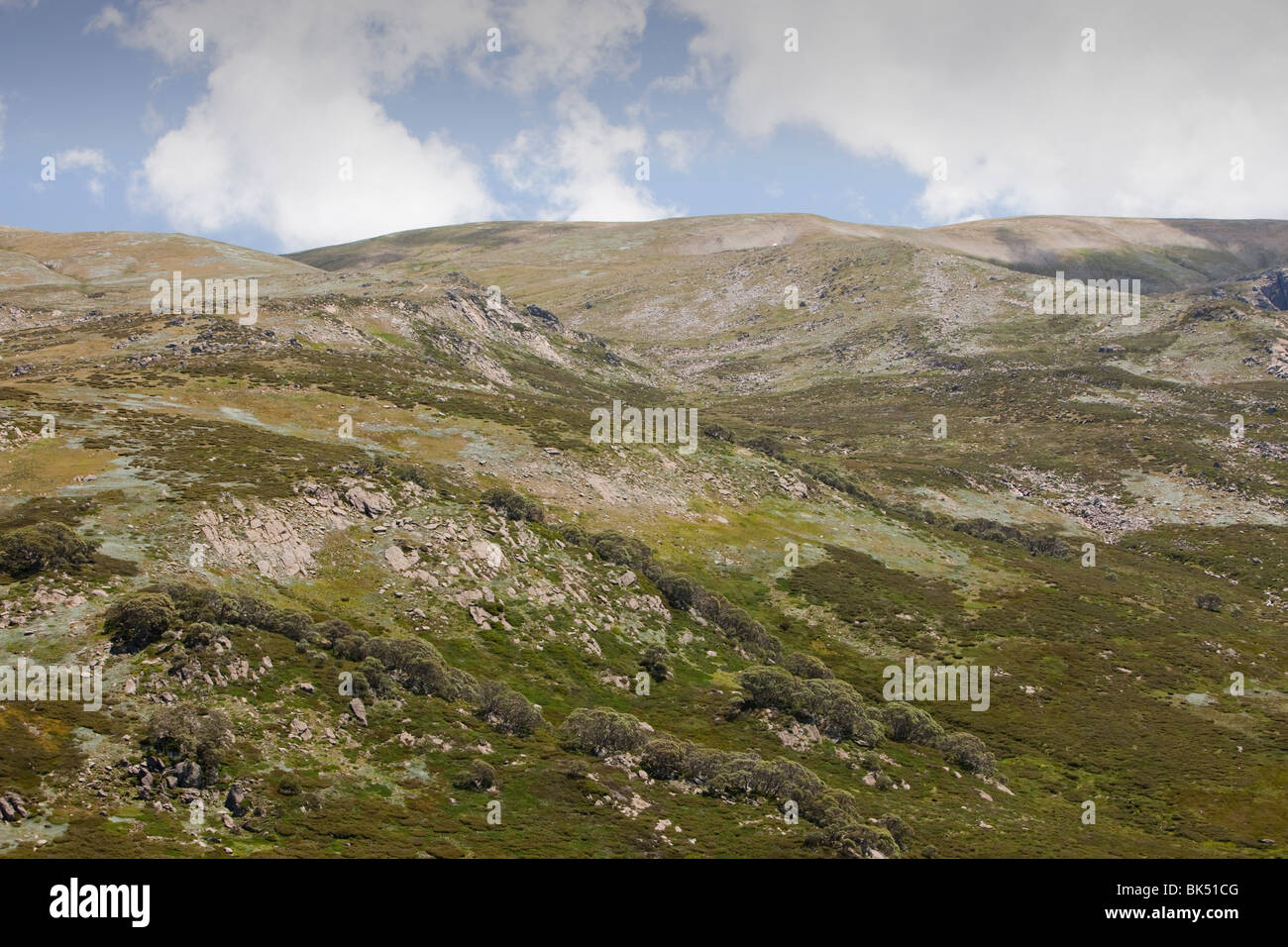 Cima di una montagna vicino a Mount Kosciousko, Australia il picco più alto, nel bel mezzo delle montagne innevate. Foto Stock