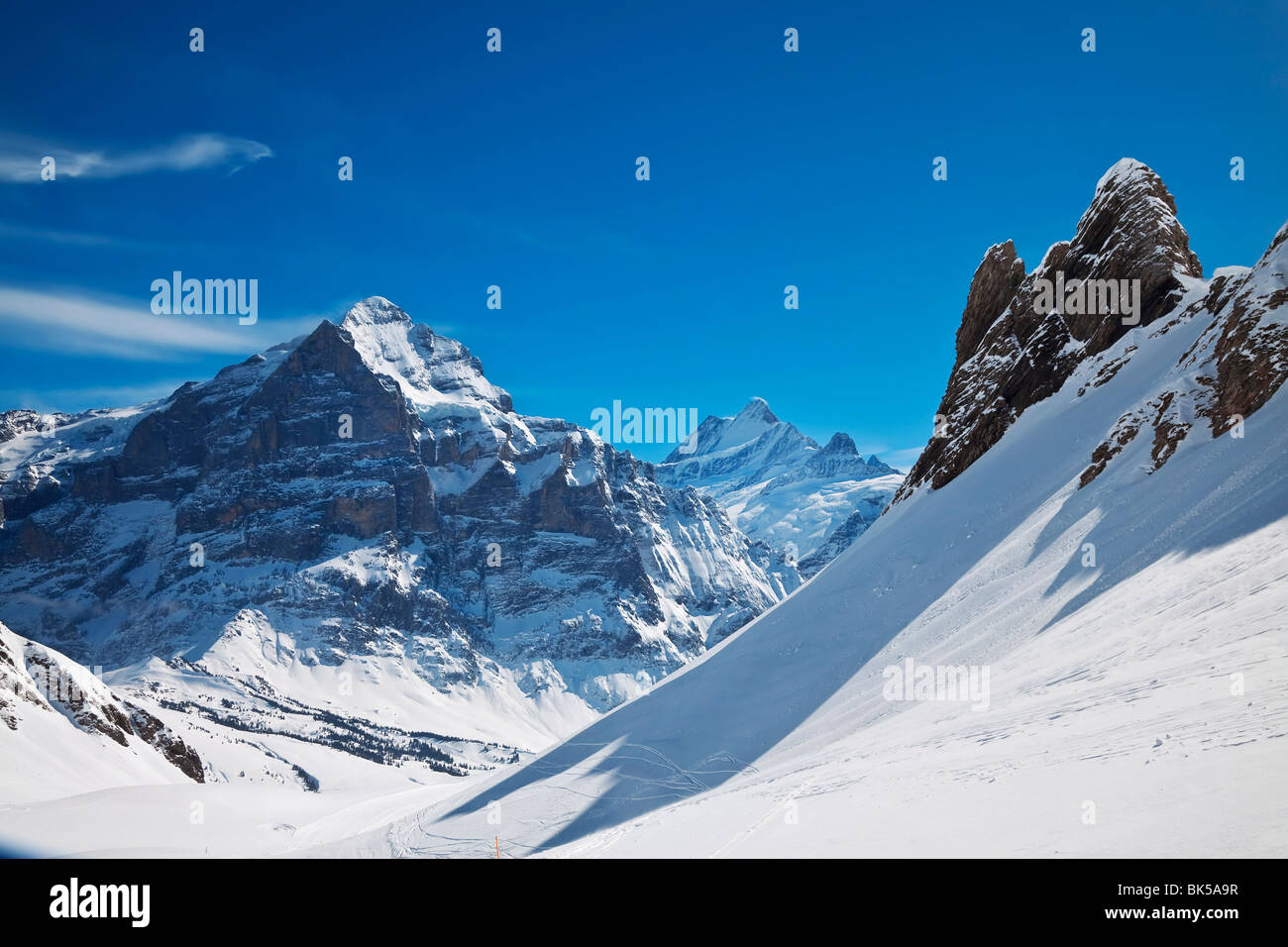 Picchi di montagna sopra Grindelwald, regione di Jungfrau, Oberland bernese, alpi svizzere, Svizzera, Europa Foto Stock