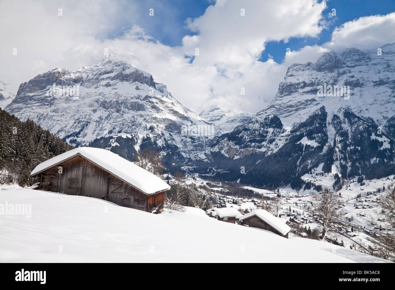 Grindelwald e il Wetterhorn montagna, regione di Jungfrau, Oberland bernese, alpi svizzere, Svizzera, Europa Foto Stock