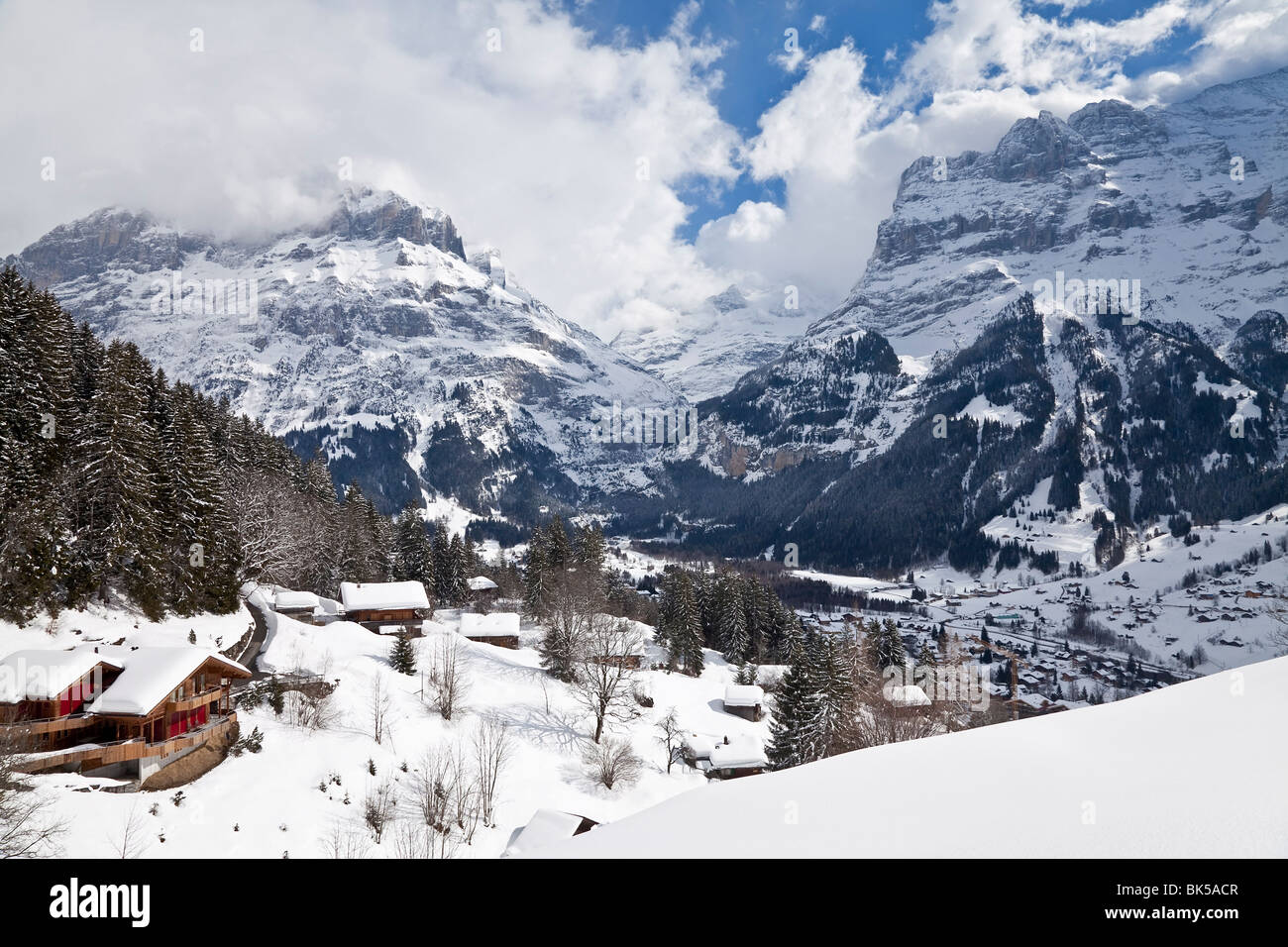 Grindelwald e il Wetterhorn montagna, regione di Jungfrau, Oberland bernese, alpi svizzere, Svizzera, Europa Foto Stock